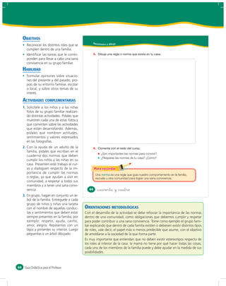 OBJETIVOS
                                                      Reconozco y dibujo
       Reconocer los distintos roles que se
       cumplen dentro de una familia.
       Identiﬁcar las tareas que le corres-           3.
       ponden para llevar a cabo una sana
       convivencia en su grupo familiar.
     HABILIDAD
       Formular opiniones sobre situacio-
       nes del presente y del pasado, pro-
       pias de su entorno familiar, escolar
       o local, y sobre otros temas de su
       interés.

     ACTIVIDADES COMPLEMENTARIAS
     1. Solicítele a los niños y a las niñas
        fotos de su grupo familiar realizan-
        do distintas actividades. Pídales que
        muestren cada una de estas fotos y
        que comenten sobre las actividades
        que están desarrollando. Además,
        pídales que nombren actitudes,
        sentimientos y valores expresados
        en las fotografías.
     2. Con la ayuda de un adulto de la               4.
        familia, pídales que escriban en el
                                                             ¿Son importantes las normas para convivir?
        cuaderno dos normas que deben
                                                             ¿Respetas las normas de tu casa? ¿Cómo?
        cumplir los niños y las niñas en su
        casa. Presenten este trabajo al cur-
        so y dialoguen respecto de la im-
        portancia de cumplir las normas
                                                        Una         es una regla que guía nuestro comportamiento en la familia,
        o reglas, ya que ayudan a vivir en              escuela u otra comunidad para lograr una sana convivencia.
        comunidad, a respetar a todos sus
        miembros y a tener una sana convi-
        vencia.                                    44      &cuarenta y &cuatro
     3. En grupo, hagan en conjunto un ár-
        bol de la familia. Entréguele a cada
        grupo de niños y niñas una tarjeta
        con el nombre de aquellas conduc-       ORIENTACIONES METODOLÓGICAS
        tas y sentimientos que deben estar      Con el desarrollo de la actividad se debe reforzar la importancia de las normas
        siempre presentes en la familia; por    dentro de una comunidad, como obligaciones que debemos cumplir y respetar
        ejemplo: respeto, ayuda, cariño,        para poder contribuir a una sana convivencia. Tome como ejemplo el grupo fami-
        amor, alegría. Repásenlas con un        liar explicando que dentro de cada familia existen o debiesen existir distintos tipos
        lápiz y píntenles su interior. Luego    de roles, vale decir, el papel más o menos predecible que asume, con el objetivo
        péguenlas a un árbol dibujado.          de amoldarse a la sociedad de la que forma parte.
                                                Es muy importante que entiendan que no deben existir estereotipos respecto de
                                                los roles al interior de la casa: la mamá no tiene por qué hacer todas las cosas;
                                                cada uno de los miembros de la familia puede y debe ayudar en la medida de sus
                                                posibilidades.



66    Guía Didáctica para el Profesor
 