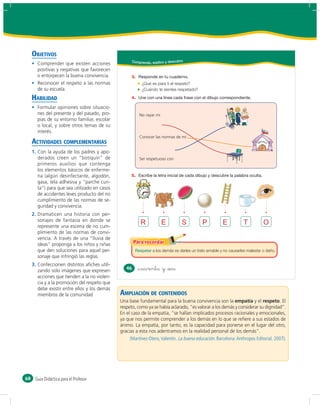 OBJETIVOS
                                                     Comprendo, explico y descubro
       Comprender que existen acciones
       positivas y negativas que favorecen
       o entorpecen la buena convivencia.            3.
       Reconocer el respeto a las normas                   ¿Qué es para ti el respeto?
       de su escuela.                                      ¿Cuándo te sientes respetado?

     HABILIDAD                                       4.

       Formular opiniones sobre situacio-
       nes del presente y del pasado, pro-                No rayar mi
       pias de su entorno familiar, escolar
       o local, y sobre otros temas de su
       interés.
                                                          Conocer las normas de mi
     ACTIVIDADES COMPLEMENTARIAS
     1. Con la ayuda de los padres y apo-
        derados creen un “botiquín” de                    Ser respetuoso con
        primeros auxilios que contenga
        los elementos básicos de enferme-
        ría (algún desinfectante, algodón,           5.
        gasa, tela adhesiva y “parche curi-
        ta”) para que sea utilizado en casos
        de accidentes leves producto del no
        cumplimiento de las normas de se-
        guridad y convivencia.
     2. Dramaticen una historia con per-
        sonajes de fantasía en donde se
        represente una escena de no cum-
                                                           R            E        S         P           E           T          O
        plimiento de las normas de convi-
        vencia. A través de una “lluvia de
        ideas” proponga a los niños y niñas
        que den soluciones para aquel per-                      a los demás es darles un trato amable y no causarles malestar o daño.
        sonaje que infringió las reglas.
     3. Confeccionen distintos aﬁches utili-
                                                  46      &cuarenta y &seis
        zando solo imágenes que expresen
        acciones que tienden a la no violen-
        cia y a la promoción del respeto que
        debe existir entre ellos y los demás
        miembros de la comunidad               AMPLIACIÓN DE CONTENIDOS
                                               Una base fundamental para la buena convivencia son la empatía y el respeto. El
                                               respeto, como ya se había aclarado, “es valorar a los demás y considerar su dignidad”.
                                               En el caso de la empatía, “se hallan implicados procesos racionales y emocionales,
                                               ya que nos permite comprender a los demás en lo que se reﬁere a sus estados de
                                               ánimo. La empatía, por tanto, es la capacidad para ponerse en el lugar del otro,
                                               gracias a esta nos adentramos en la realidad personal de los demás”.
                                                    (Martínez-Otero, Valentín. La buena educación. Barcelona: Anthropos Editorial, 2007).




68    Guía Didáctica para el Profesor
 