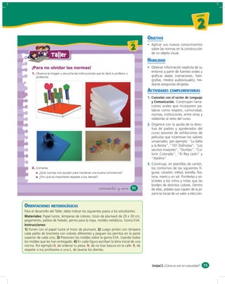un id ad



                                                                                                                                     2
                                                                                               OBJETIVO
                                                                                  u ni da dd
                                                                                     un ida



                                                                                     2            Aplicar sus nuevos conocimientos
                                                                                                  sobre las normas en la construcción
                                                                                                  de un objeto visual.
                     Taller
                                                                                               HABILIDAD
     ¡Para no olvidar las normas!                                                                 Obtener información explícita de su
                                                                                                  entorno a partir de fuentes orales y
     1. Observa la imagen y escucha las instrucciones que te dará tu profesor o
        profesora.                                                                                gráﬁcas dadas (narraciones, foto-
                                                                                                  grafías, medios audiovisuales), me-
                                                                                                  diante preguntas dirigidas.
                                                                                               ACTIVIDADES COMPLEMENTARIAS
                                                                                               1. Conexión con el sector de Lenguaje
                                                                                                  y Comunicación. Construyan narra-
                                                                                                  ciones orales que incorporen pa-
                                                                                                  labras como respeto, comunidad,
                                                                                                  normas, instituciones, entre otras y
                                                                                                  relátenlas al resto del curso.
                                                                                               2. Organice con la ayuda de la direc-
                                                                                                  tiva de padres y apoderados del
                                                                                                  curso sesiones de exhibiciones de
                                                                                                  películas que incentivan los valores
                                                                                                  universales; por ejemplo: “La bella
                                                                                                  y la Bestia”, “101 Dálmatas”, “Los
                                                                                                  vecinos invasores”, “Dumbo”, “Co-
                                                                                                  lorín Colorado”, “El Rey León” y
                                                                                                  “Aladino”.
                                                                                               3. Construya, en plantillas de cartón,
     2. Comenta.                                                                                  los contornos de las siguientes ﬁ-
          ¿Qué normas nos ayudan para mantener una buena convivencia?                             guras: corazón, trébol, estrella, ﬂor,
          ¿Por qué es importante respetar a los demás?                                            luna, mano y un sol. Puntéelas y so-
                                                                                                  licíteles a los niños y niñas que las
                                                                                                  borden de distintos colores. Dentro
                                                        &cincuenta y &uno              51         de ellas, pídales que copien de la pi-
                                                                                                  zarra la inicial de un valor a elección.


ORIENTACIONES METODOLÓGICAS
Para el desarrollo del Taller, debe indicar los siguientes pasos a los estudiantes:
Materiales: Papel lustre, témperas de colores, trozo de plumavit de 20 x 30 cm,
pegamento, palitos de helado, perros para la ropa, moldes metálicos, Goma EVA.
Instrucciones:
1) Forren con el papel lustre el trozo de plumavit; 2) Luego pinten con témpera
cada palito de brocheta con colores diferentes y peguen los perritos en la parte
superior de cada uno; 3) Presionen los moldes sobre la goma EVA. Usando todos
los moldes que les han entregado; 4) En cada ﬁgura escriban la letra inicial de una
norma. Por ejemplo O, de ordenar tu pieza. N, de no tirar basura en la calle. R, de
respetar a tus profesores o una L, de lavarse los dientes.



                                                                                                  Unidad 2: ¿Cómo es vivir en comunidad? 73
 