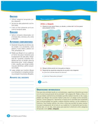 OBJETIVOS
        Utilizar categorías temporales (an-             Obser vo, identifico e ilustro

        tes y después).
        Secuenciar adecuadamente una his-               Antes y después
        toria dada.
                                                        1.                                                     1   3
        Crear un ﬁnal coherente con la se-
        cuencia temporal dada.
     HABILIDAD
        Aplicar conceptos relacionados con
        el tiempo (días, semanas, año, antes
        y después).

     ACTIVIDADES COMPLEMENTARIAS
     1. Muéstrele fotografías de distintos pla-
        tos simples a sus estudiantes, como
                                                               2                                   1
        gelatina, huevo relleno, plátano con
        miel, panqueques, etc.
     2. Pídales que dibujen en sus cuadernos
        al menos tres pasos necesarios para
        la preparación de cada plato. Asegú-
        rese de ir guiando a aquellos estu-
        diantes que aún no tengan claras las
        distinciones entre “antes y después”                   3
        o bien, aquellos que tengan proble-
        mas para identiﬁcar y deﬁnir secuen-
        cias simples.                                   2.
     3. Luego, pídales que muestren dibujos             3.
        a su compañero o compañera de ban-                     ¿Qué hizo la abuela después de decorar?
        co y comparen los procesos dibujados.
                                                               ¿Qué hizo Paula antes de limpiar?
     APUNTES DEL DOCENTE
                                                     60      &sesenta



                                                  ORIENTACIONES METODOLÓGICAS
                                                  Para que esta actividad resulte sin contratiempos, sugerimos al docente que revise
                                                  con el curso la secuenciación de la actividad 1 de la página 60. Pídale a niños y ni-
                                                  ñas que relaten oralmente las actividades que ellos realizan durante un día. Luego,
                                                  pídales que dibujen tres acciones realicen antes de ir al colegio (como ducharse,
                                                  vestirse y tomar desayuno). Aproveche la historia de la actividad para enseñarles
                                                  que la secuencialidad nos ayuda a ordenar distintos eventos, ya sea cotidianos o
                                                  históricos. Para ﬁnalizar solicite a los niños y niñas que escriban los pasos necesa-
                                                  rios para la preparación de la torta en sus cuadernos. Es importante que los estu-
                                                  diantes lean, en voz alta, estos pasos para ejercitar la distinción entre categorías
                                                  temporales como antes y después.



90    Guía Didáctica para el Profesor
 