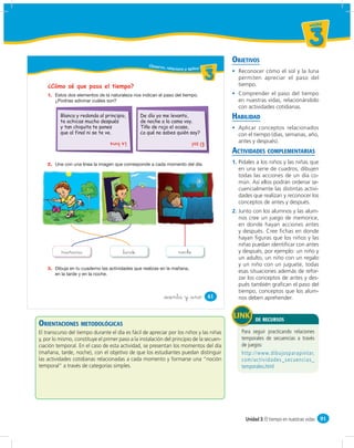 un id ad



                                                                                                                                    3
                                                                                                OBJETIVOS
                                                    Obser vo,
                                                                relaciono y aplico u ni da dd
                                                                                      un ida



                                                                                         3        Reconocer cómo el sol y la luna
                                                                                                  permiten apreciar el paso del
    ¿Cómo sé que pasa el tiempo?                                                                  tiempo.
    1.                                                                                            Comprender el paso del tiempo
                                                                                                  en nuestras vidas, relacionándolo
                                                                                                  con actividades cotidianas.
          Blanca y redonda al principio,
          te achicas mucho después
                                                 De día yo me levanto,
                                                 de noche a la cama voy.
                                                                                                HABILIDAD
          y tan chiquita te pones                Tiño de rojo el ocaso,                           Aplicar conceptos relacionados
          que al final ni se te ve.              ¿a qué no sabes quién soy?                       con el tiempo (días, semanas, año,
                                 La luna                                        El sol            antes y después).
                                                                                                ACTIVIDADES COMPLEMENTARIAS
    2.                                                                                          1. Pídales a los niños y las niñas que
                                                                                                   en una serie de cuadros, dibujen
                                                                                                   todas las acciones de un día co-
                                                                                                   mún. Así ellos podrán ordenar se-
                                                                                                   cuencialmente las distintas activi-
                                                                                                   dades que realizan y reconocer los
                                                                                                   conceptos de antes y después.
                                                                                                2. Junto con los alumnos y las alum-
                                                                                                   nos cree un juego de memorice,
                                                                                                   en donde hayan acciones antes
                                                                                                   y después. Cree ﬁchas en donde
                                                                                                   hayan ﬁguras que los niños y las
                                                                                                   niñas puedan identiﬁcar con antes
          mañana                        &tarde                         noche                       y después, por ejemplo: un niño y
                                                                                                   un adulto, un niño con un regalo
                                                                                                   y un niño con un juguete, todas
    3.
                                                                                                   esas situaciones además de refor-
                                                                                                   zar los conceptos de antes y des-
                                                                                                   pués también graﬁcan el paso del
                                                                                                   tiempo, conceptos que los alum-
                                                            &sesenta y &uno               61       nos deben aprehender.


                                                                                                          DE RECURSOS
ORIENTACIONES METODOLÓGICAS
El transcurso del tiempo durante el día es fácil de apreciar por los niños y las niñas
y, por lo mismo, constituye el primer paso a la instalación del principio de la secuen-
ciación temporal. En el caso de esta actividad, se presentan los momentos del día
(mañana, tarde, noche), con el objetivo de que los estudiantes puedan distinguir
las actividades cotidianas relacionadas a cada momento y formarse una “noción
temporal” a través de categorías simples.




                                                                                                     Unidad 3: El tiempo en nuestras vidas 91
 