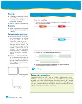 OBJETIVOS
                                                     Obser vo, relaciono e ilustro
       Conocer y comprender los conceptos
       de “ayer”,”hoy” y “mañana”.
       Asociar distintas actividades a los           Ayer, hoy y mañana
       conceptos ya expuestos.                       1.
       Organizar el tiempo anticipadamente.

     HABILIDAD                                                           Hoy                              Ayer
       Aplicar conceptos relacionados con
       el tiempo (días, semanas, año, antes
       y después).

     ACTIVIDADES COMPLEMENTARIAS
     1. Observen el horario de clases, nom-
        bren las asignaturas y las activida-
        des de ayer, de hoy y de mañana.                                                                 Mañana
        Establezcan cuáles se repiten y
        cuáles son diferentes. Construyan
        oraciones con estos términos y ex-
        présenlas oralmente, por ejemplo:
        “ayer el 1º básico tuvo clase de
        gimnasia”, “hoy traje una manza-
        na para la colación”, “para mañana
        tenemos que preparar el dictado”,            2.
        etcétera.
     2. En cada uno de los recuadros dibu-                Hoy es                            Mañana es
        jen los personajes del programa de
        TV que vieron ayer, del que verán
        hoy y del que verán mañana. Com-                  Ayer fue
        pleten las palabras con las vocales
        correspondientes.
                                                     3.



                                                  66      &sesenta y &seis



         _ Y _ R                    H _ Y
                                               ORIENTACIONES METODOLÓGICAS
                                               Integrar los conceptos de “hoy”, “ayer” y “mañana” y asociarlos con el “antes”,
                                               el “ahora” y el “después” ayuda a instaurar de manera deﬁnitiva la capacidad de
                                               secuenciar y ubicarse en el tiempo. Además, nos permite organizar las actividades
                                               de la forma más conveniente. Al respecto, puede comentarle a los niños y a las niñas
                                               el rol de las agendas y calendarios, herramientas muy utilizadas por los adultos para
                                               organizar y recordar sus actividades en el tiempo.

                  M _ Ñ _ N_




96    Guía Didáctica para el Profesor
 