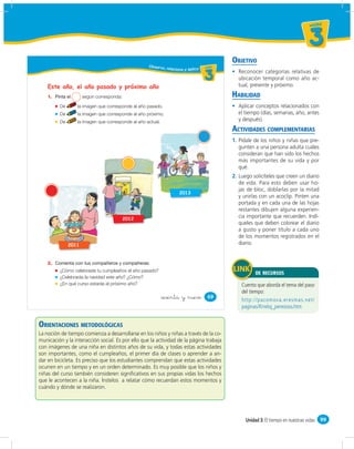 un id ad



                                                                                                                                     3
                                                                                                OBJETIVO
                                                    Obser vo,
                                                                relaciono y aplico u ni da dd
                                                                                      un ida



                                                                                        3         Reconocer categorías relativas de
                                                                                                  ubicación temporal como año ac-
    Este año, el año pasado y próximo año                                                         tual, presente y próximo.

    1.               según corresponda                                                          HABILIDAD
         De       la imagen que corresponde al año pasado.                                        Aplicar conceptos relacionados con
         De       la imagen que corresponde al año próximo.                                       el tiempo (días, semanas, año, antes
         De       la imagen que corresponde al año actual.                                        y después).
                                                                                                ACTIVIDADES COMPLEMENTARIAS
                                                                                                1. Pídale de los niños y niñas que pre-
                                                                                                   gunten a una persona adulta cuáles
                                                                                                   consideran que han sido los hechos
                                                                                                   más importantes de su vida y por
                                                                                                   qué.
                                                                                                2. Luego solicíteles que creen un diario
                                                                                                   de vida. Para esto deben usar ho-
                                                                                                   jas de bloc, doblarlas por la mitad
                                                                        2013
                                                                                                   y unirlas con un acoclip. Pinten una
                                                                                                   portada y en cada una de las hojas
                                                                                                   restantes dibujen alguna experien-
                                         2012
                                                                                                   cia importante que recuerden. Indí-
                                                                                                   queles que deben colorear el diario
                                                                                                   a gusto y poner título a cada uno
                                                                                                   de los momentos registrados en el
              2011                                                                                 diario.


    2.
         ¿Cómo celebraste tu cumpleaños el año pasado?
                                                                                                          DE RECURSOS
         ¿Celebrarás la navidad este año? ¿Cómo?
         ¿En qué curso estarás el próximo año?

                                                             &sesenta y nueve             69




ORIENTACIONES METODOLÓGICAS
La noción de tiempo comienza a desarrollarse en los niños y niñas a través de la co-
municación y la interacción social. Es por ello que la actividad de la página trabaja
con imágenes de una niña en distintos años de su vida, y todas estas actividades
son importantes, como el cumpleaños, el primer día de clases o aprender a an-
dar en bicicleta. Es preciso que los estudiantes comprendan que estas actividades
ocurren en un tiempo y en un orden determinado. Es muy posible que los niños y
niñas del curso también consideren signiﬁcativos en sus propias vidas los hechos
que le acontecen a la niña. Ínstelos a relatar cómo recuerdan estos momentos y
cuándo y dónde se realizaron.




                                                                                                      Unidad 3: El tiempo en nuestras vidas 99
 