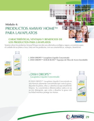 29
Módulo 4:
PRODUCTOS AMWAY HOME™
PARA LAVAPLATOS
Veamos ahora los productos AmwayTM que nos dan una alternativa ecológica, segura y económica para
el cuidado de tus platos o loza. Estos son los productos, con sus características, ventajas y beneficios.
CARACTERÍSTICAS, VENTAJAS Y BENEFICIOS DE
LOS PRODUCTOS PARA LAVAPLATOS
1. DISH DROPS™ Lavaplatos Líquido Concentrado
2.DISH DROPS™ SCRUB BUDS™ Esponjas de Fibra de Acero Inoxidable
1.DISH DROPS™
Lavaplatos Líquido Concentrado
El DISH DROPS™ Lavaplatos Líquido Concentrado es
una fórmula altamente concentrada que corta la grasa,
dejando los platos, ollas y cubiertos excepcionalmente
limpios. Su característica diferenciadora radica en su
acción detergente, que corta y disuelve la grasa con
facilidad mientras protege tus manos.
 