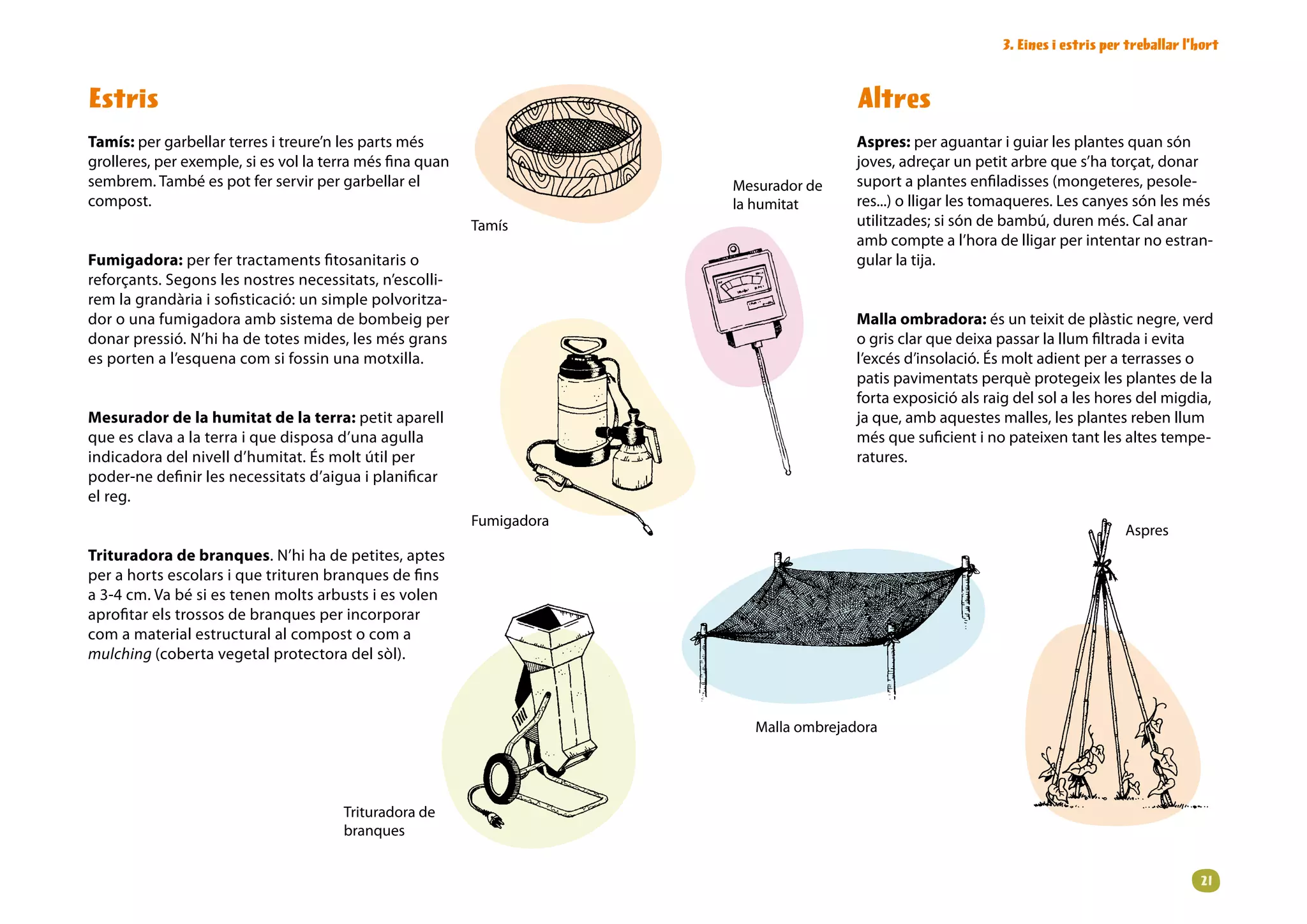 3. Eines i estris per treballar l’hort


Estris                                                                                   Altres
Tamís: per garbellar terres i treure’n les parts més                                     Aspres: per aguantar i guiar les plantes quan són
grolleres, per exemple, si es vol la terra més fina quan                                 joves, adreçar un petit arbre que s’ha torçat, donar
sembrem. També es pot fer servir per garbellar el                       Mesurador de     suport a plantes enfiladisses (mongeteres, pesole-
compost.                                                                la humitat       res...) o lligar les tomaqueres. Les canyes són les més
                                                           Tamís                         utilitzades; si són de bambú, duren més. Cal anar
                                                                                         amb compte a l’hora de lligar per intentar no estran-
Fumigadora: per fer tractaments fitosanitaris o                                          gular la tija.
reforçants. Segons les nostres necessitats, n’escolli-
rem la grandària i sofisticació: un simple polvoritza-
dor o una fumigadora amb sistema de bombeig per                                          Malla ombradora: és un teixit de plàstic negre, verd
donar pressió. N’hi ha de totes mides, les més grans                                     o gris clar que deixa passar la llum filtrada i evita
es porten a l’esquena com si fossin una motxilla.                                        l’excés d’insolació. És molt adient per a terrasses o
                                                                                         patis pavimentats perquè protegeix les plantes de la
                                                                                         forta exposició als raig del sol a les hores del migdia,
Mesurador de la humitat de la terra: petit aparell                                       ja que, amb aquestes malles, les plantes reben llum
que es clava a la terra i que disposa d’una agulla                                       més que suficient i no pateixen tant les altes tempe-
indicadora del nivell d’humitat. És molt útil per                                        ratures.
poder-ne definir les necessitats d’aigua i planificar
el reg.
                                                           Fumigadora
                                                                                                                                    Aspres
Trituradora de branques. N’hi ha de petites, aptes
per a horts escolars i que trituren branques de fins
a 3-4 cm. Va bé si es tenen molts arbusts i es volen
aprofitar els trossos de branques per incorporar
com a material estructural al compost o com a
mulching (coberta vegetal protectora del sòl).



                                                                           Malla ombrejadora




                                       Trituradora de
                                       branques


                                                                                                                                                 21
 