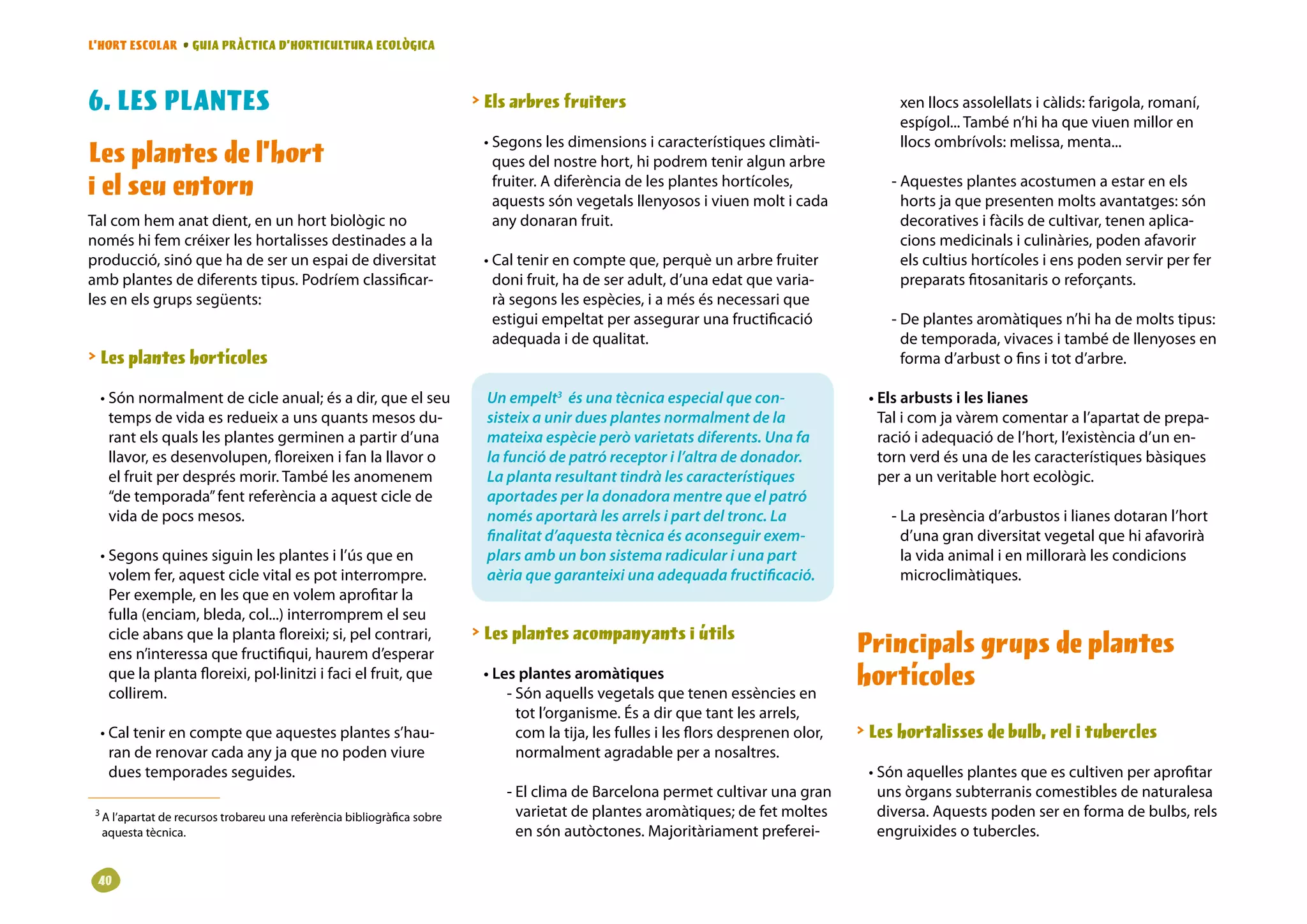L’HORT ESCOLAR • GUIA PRÀCTICA D’HORTICULTURA ECOLÒGICA



6. LES PLANTES                                                              Els arbres fruiters                                              xen llocs assolellats i càlids: farigola, romaní,
                                                                                                                                              espígol... També n’hi ha que viuen millor en
                                                                            • Segons les dimensions i característiques climàti-               llocs ombrívols: melissa, menta...
Les plantes de l’hort                                                         ques del nostre hort, hi podrem tenir algun arbre
i el seu entorn                                                               fruiter. A diferència de les plantes hortícoles,
                                                                              aquests són vegetals llenyosos i viuen molt i cada
                                                                                                                                            - Aquestes plantes acostumen a estar en els
                                                                                                                                              horts ja que presenten molts avantatges: són
Tal com hem anat dient, en un hort biològic no                                any donaran fruit.                                              decoratives i fàcils de cultivar, tenen aplica-
només hi fem créixer les hortalisses destinades a la                                                                                          cions medicinals i culinàries, poden afavorir
producció, sinó que ha de ser un espai de diversitat                        • Cal tenir en compte que, perquè un arbre fruiter                els cultius hortícoles i ens poden servir per fer
amb plantes de diferents tipus. Podríem classificar-                          doni fruit, ha de ser adult, d’una edat que varia-              preparats fitosanitaris o reforçants.
les en els grups següents:                                                    rà segons les espècies, i a més és necessari que
                                                                              estigui empeltat per assegurar una fructificació              - De plantes aromàtiques n’hi ha de molts tipus:
                                                                              adequada i de qualitat.                                         de temporada, vivaces i també de llenyoses en
 Les plantes hortícoles                                                                                                                      forma d’arbust o fins i tot d’arbre.

     • Són normalment de cicle anual; és a dir, que el seu                   Un empelt3 és una tècnica especial que con-                 • Els arbusts i les lianes
       temps de vida es redueix a uns quants mesos du-                       sisteix a unir dues plantes normalment de la                  Tal i com ja vàrem comentar a l’apartat de prepa-
       rant els quals les plantes germinen a partir d’una                    mateixa espècie però varietats diferents. Una fa              ració i adequació de l’hort, l’existència d’un en-
       llavor, es desenvolupen, floreixen i fan la llavor o                  la funció de patró receptor i l’altra de donador.             torn verd és una de les característiques bàsiques
       el fruit per després morir. També les anomenem                        La planta resultant tindrà les característiques               per a un veritable hort ecològic.
       “de temporada” fent referència a aquest cicle de                      aportades per la donadora mentre que el patró
       vida de pocs mesos.                                                   només aportarà les arrels i part del tronc. La                 - La presència d’arbustos i lianes dotaran l’hort
                                                                             finalitat d’aquesta tècnica és aconseguir exem-                  d’una gran diversitat vegetal que hi afavorirà
     • Segons quines siguin les plantes i l’ús que en                        plars amb un bon sistema radicular i una part                    la vida animal i en millorarà les condicions
       volem fer, aquest cicle vital es pot interrompre.                     aèria que garanteixi una adequada fructificació.                 microclimàtiques.
       Per exemple, en les que en volem aprofitar la
       fulla (enciam, bleda, col...) interromprem el seu
       cicle abans que la planta floreixi; si, pel contrari,                Les plantes acompanyants i útils
       ens n’interessa que fructifiqui, haurem d’esperar                                                                                Principals grups de plantes
       que la planta floreixi, pol·linitzi i faci el fruit, que
       collirem.
                                                                            • Les plantes aromàtiques
                                                                                - Són aquells vegetals que tenen essències en
                                                                                                                                        hortícoles
                                                                                  tot l’organisme. És a dir que tant les arrels,
     • Cal tenir en compte que aquestes plantes s’hau-                            com la tija, les fulles i les flors desprenen olor,    Les hortalisses de bulb, rel i tubercles
       ran de renovar cada any ja que no poden viure                              normalment agradable per a nosaltres.
       dues temporades seguides.                                                                                                         • Són aquelles plantes que es cultiven per aprofitar
                                                                               - El clima de Barcelona permet cultivar una gran            uns òrgans subterranis comestibles de naturalesa
 3
     A l’apartat de recursos trobareu una referència bibliogràfica sobre         varietat de plantes aromàtiques; de fet moltes            diversa. Aquests poden ser en forma de bulbs, rels
     aquesta tècnica.                                                            en són autòctones. Majoritàriament preferei-              engruixides o tubercles.


 0
 