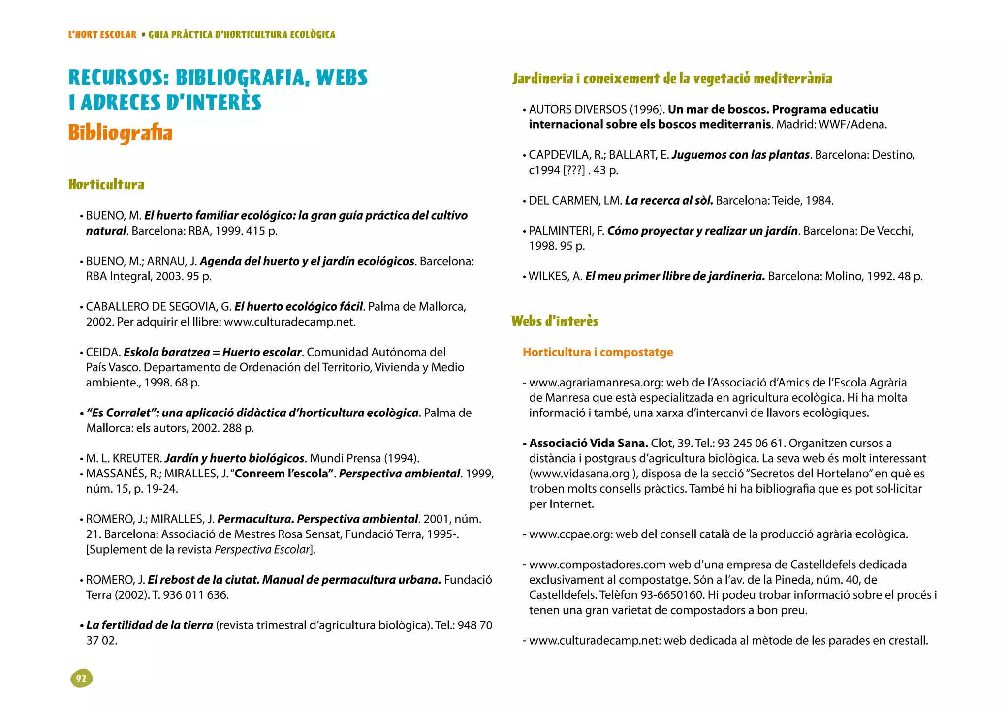 L’HORT ESCOLAR • GUIA PRÀCTICA D’HORTICULTURA ECOLÒGICA



RECURSOS: BIBLIOGRAFIA, WEBS                                                                Jardineria i coneixement de la vegetació mediterrània
I ADRECES D’INTERÈS                                                                          • AUTORS DIVERSOS (1996). Un mar de boscos. Programa educatiu
                                                                                               internacional sobre els boscos mediterranis. Madrid: WWF/Adena.
Bibliografia
                                                                                             • CAPDEVILA, R.; BALLART, E. Juguemos con las plantas. Barcelona: Destino,
                                                                                               c1994 [???] . 43 p.
Horticultura
                                                                                             • DEL CARMEN, LM. La recerca al sòl. Barcelona: Teide, 1984.
  • BUENO, M. El huerto familiar ecológico: la gran guía práctica del cultivo
    natural. Barcelona: RBA, 1999. 415 p.                                                    • PALMINTERI, F. Cómo proyectar y realizar un jardín. Barcelona: De Vecchi,
                                                                                               1998. 95 p.
  • BUENO, M.; ARNAU, J. Agenda del huerto y el jardín ecológicos. Barcelona:
    RBA Integral, 2003. 95 p.                                                                • WILKES, A. El meu primer llibre de jardineria. Barcelona: Molino, 1992. 48 p.

  • CABALLERO DE SEGOVIA, G. El huerto ecológico fácil. Palma de Mallorca,
    2002. Per adquirir el llibre: www.culturadecamp.net.                                    Webs d’interès

  • CEIDA. Eskola baratzea = Huerto escolar. Comunidad Autónoma del                          Horticultura i compostatge
    País Vasco. Departamento de Ordenación del Territorio, Vivienda y Medio
    ambiente., 1998. 68 p.                                                                   - www.agrariamanresa.org: web de l’Associació d’Amics de l’Escola Agrària
                                                                                               de Manresa que està especialitzada en agricultura ecològica. Hi ha molta
  • “Es Corralet”: una aplicació didàctica d’horticultura ecològica. Palma de                  informació i també, una xarxa d’intercanvi de llavors ecològiques.
    Mallorca: els autors, 2002. 288 p.
                                                                                             - Associació Vida Sana. Clot, 39. Tel.: 93 245 06 61. Organitzen cursos a
  • M. L. KREUTER. Jardín y huerto biológicos. Mundi Prensa (1994).                            distància i postgraus d’agricultura biològica. La seva web és molt interessant
  • MASSANÉS, R.; MIRALLES, J. “Conreem l’escola”. Perspectiva ambiental. 1999,                (www.vidasana.org ), disposa de la secció “Secretos del Hortelano” en què es
    núm. 15, p. 19-24.                                                                         troben molts consells pràctics. També hi ha bibliografia que es pot sol·licitar
                                                                                               per Internet.
  • ROMERO, J.; MIRALLES, J. Permacultura. Perspectiva ambiental. 2001, núm.
    21. Barcelona: Associació de Mestres Rosa Sensat, Fundació Terra, 1995-.                 - www.ccpae.org: web del consell català de la producció agrària ecològica.
    [Suplement de la revista Perspectiva Escolar].
                                                                                             - www.compostadores.com web d’una empresa de Castelldefels dedicada
  • ROMERO, J. El rebost de la ciutat. Manual de permacultura urbana. Fundació                 exclusivament al compostatge. Són a l’av. de la Pineda, núm. 40, de
    Terra (2002). T. 936 011 636.                                                              Castelldefels. Telèfon 93-6650160. Hi podeu trobar informació sobre el procés i
                                                                                               tenen una gran varietat de compostadors a bon preu.
  • La fertilidad de la tierra (revista trimestral d’agricultura biològica). Tel.: 948 70
    37 02.                                                                                   - www.culturadecamp.net: web dedicada al mètode de les parades en crestall.


 92
 