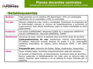Planes docentes centrales Actualización en el tratamiento de la insuficiencia cardiaca crónica Betabloqueantes Ganancia de peso, instruir al paciente para aumentar dosis de diurético Contraindicaciones de uso:  Hipotensión arterial (Pas<100mmHg); FC<60lpm; disfunción sinusal; bloqueo AV grado II y III; arteriopatía periférica sintomática en reposo, asma bronquial, EPOC y DM difícil control. Precaución por:  retención de fluidos, fatiga, bradicardia, hipotensión. Monitorizar Dosis iniciales bajas. Aumentar progresivamente cada dos semanas. Si durante el tratamiento, se descompensa, aumentar dosis de diurético . Nunca suspender el betabloqueante (en todo caso se reducirá algo la dosis). Alcanzar dosis máxima o en su defecto la mayor tolerada por el paciente Cómo Carvedilol (CAPRICORN), Bisoprolol (CIBIS II) y metoprolol (MERITHF) estudio COPERNICUS, nebivolol (SENIORS), COMET  Evidencia Mejoran calidad de vida, morbi y mortalidad. Enlentecen la progresión de la enfermedad, reducen el número de hospitalizaciones y aumentan la supervivencia. Este efecto beneficioso sobre la morbi-mortalidad es dosis dependiente. Por qué Todo paciente con IC sistólica (FE deprimida)< 45% y/o cardiopatía isquémica, FA no controlada y HTA no controlada Quiénes 
