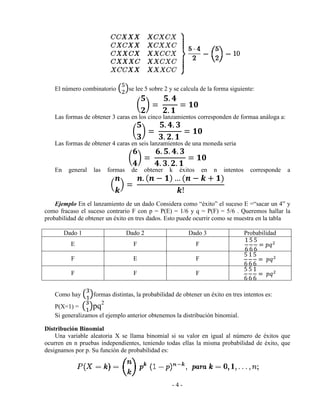 - 4 -
El número combinatorio se lee 5 sobre 2 y se calcula de la forma siguiente:
Las formas de obtener 3 caras en los cinco lanzamientos corresponden de formaa análoga a:
Las formas de obtener 4 caras en seis lanzamientos de una moneda seria
En general las formas de obtener k éxitos en n intentos corresponde a
Ejemplo En el lanzamiento de un dado Considera como “éxito” el suceso E =“sacar un 4” y
como fracaso el suceso contrario F con p = P(E) = 1/6 y q = P(F) = 5/6 . Queremos hallar la
probabilidad de obtener un éxito en tres dados. Esto puede ocurrir como se muestra en la tabla
Dado 1 Dado 2 Dado 3 Probabilidad
E F F
F E F
F F F
Como hay formas distintas, la probabilidad de obtener un éxito en tres intentos es:
P(X=1) = pq2
Si generalizamos el ejemplo anterior obtenemos la distribución binomial.
Distribución Binomial
Una variable aleatoria X se llama binomial si su valor en igual al número de éxitos que
ocurren en n pruebas independientes, teniendo todas ellas la misma probabilidad de éxito, que
designamos por p. Su función de probabilidad es:
 