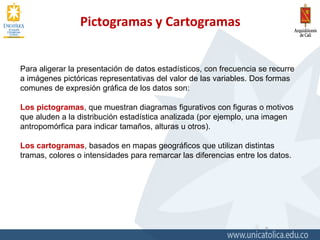 Pictogramas y Cartogramas
9
Para aligerar la presentación de datos estadísticos, con frecuencia se recurre
a imágenes pictóricas representativas del valor de las variables. Dos formas
comunes de expresión gráfica de los datos son:
Los pictogramas, que muestran diagramas figurativos con figuras o motivos
que aluden a la distribución estadística analizada (por ejemplo, una imagen
antropomórfica para indicar tamaños, alturas u otros).
Los cartogramas, basados en mapas geográficos que utilizan distintas
tramas, colores o intensidades para remarcar las diferencias entre los datos.
 