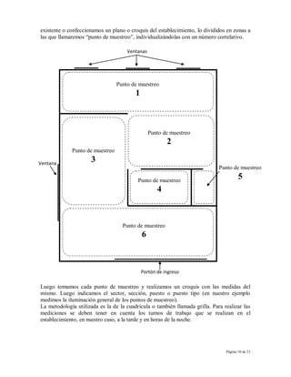 existente o confeccionamos un plano o croquis del establecimiento, lo divididos en zonas a
las que llamaremos “punto de muestreo”, individualizándolas con un número correlativo.

                                     Ventanas




                                 Punto de muestreo
                                         1



                                                 Punto de muestreo
                                                        2
             Punto de muestreo

Ventana
                     3
                                                                             Punto de muestreo

                                          Punto de muestreo
                                                                                       5
                                                    4



                                   Punto de muestreo
                                             6



                                             Portón de ingreso

Luego tomamos cada punto de muestreo y realizamos un croquis con las medidas del
mismo. Luego indicamos el sector, sección, puesto o puesto tipo (en nuestro ejemplo
medimos la iluminación general de los puntos de muestreo).
La metodología utilizada es la de la cuadricula o también llamada grilla. Para realizar las
mediciones se deben tener en cuenta los turnos de trabajo que se realizan en el
establecimiento, en nuestro caso, a la tarde y en horas de la noche.




                                                                                Página 10 de 23
 