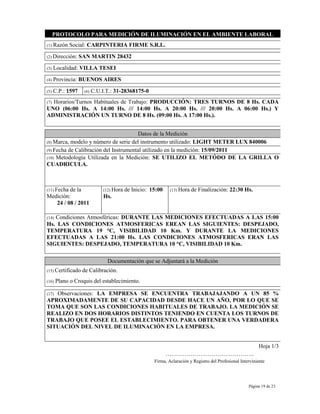 PROTOCOLO PARA MEDICIÓN DE ILUMINACIÓN EN EL AMBIENTE LABORAL
(1)   Razón Social: CARPINTERIA FIRME S.R.L.

(2) Dirección:     SAN MARTIN 28432
(3)   Localidad: VILLA TESEI
(4)   Provincia: BUENOS AIRES

(5)   C.P.: 1597    (6)   C.U.I.T.: 31-28368175-0
  Horarios/Turnos Habituales de Trabajo: PRODUCCIÓN: TRES TURNOS DE 8 Hs. CADA
(7)
UNO (06:00 Hs. A 14:00 Hs. /// 14:00 Hs. A 20:00 Hs. /// 20:00 Hs. A 06:00 Hs.) Y
ADMINISTRACIÓN UN TURNO DE 8 Hs. (09:00 Hs. A 17:00 Hs.).


                                       Datos de la Medición
(8) Marca, modelo y número de serie del instrumento utilizado: LIGHT METER LUX 840006
(9) Fecha de Calibración del Instrumental utilizado en la medición: 15/09/2011
(10) Metodología Utilizada en la Medición: SE UTILIZO EL METÓDO DE LA GRILLA O
CUADRICULA.



(11) Fecha
         de la                (12) Hora   de Inicio: 15:00    (13) Hora   de Finalización: 22:30 Hs.
Medición:                     Hs.
   24 / 08 / 2011

   Condiciones Atmosféricas: DURANTE LAS MEDICIONES EFECTUADAS A LAS 15:00
(14)
Hs. LAS CONDICIONES ATMOSFERICAS EREAN LAS SIGUIENTES: DESPEJADO,
TEMPERATURA 19 °C, VISIBILIDAD 10 Km. Y DURANTE LA MEDICIONES
EFECTUADAS A LAS 21:00 Hs. LAS CONDICIONES ATMOSFERICAS ERAN LAS
SIGUIENTES: DESPEJADO, TEMPERATURA 10 °C, VISIBILIDAD 10 Km.

                                Documentación que se Adjuntará a la Medición
(15) Certificado    de Calibración.
(16)   Plano o Croquis del establecimiento.

   Observaciones: LA EMPRESA SE ENCUENTRA TRABAJAJANDO A UN 85 %
(17)
APROXIMADAMENTE DE SU CAPACIDAD DESDE HACE UN AÑO, POR LO QUE SE
TOMA QUE SON LAS CONDICIONES HABITUALES DE TRABAJO. LA MEDICIÓN SE
REALIZO EN DOS HORARIOS DISTINTOS TENIENDO EN CUENTA LOS TURNOS DE
TRABAJO QUE POSEE EL ESTABLECIMIENTO. PARA OBTENER UNA VERDADERA
SITUACIÓN DEL NIVEL DE ILUMINACIÓN EN LA EMPRESA.


                                                                                                            Hoja 1/3
                                                             ……………………………………….
                                                      Firma, Aclaración y Registro del Profesional Interviniente




                                                                                                       Página 19 de 23
 