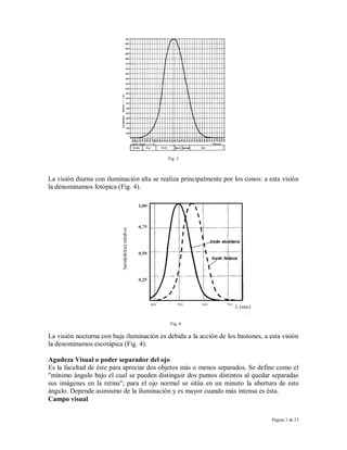 Fig. 3



La visión diurna con iluminación alta se realiza principalmente por los conos: a esta visión
la denominamos fotópica (Fig. 4).




                                             Fig. 4

La visión nocturna con baja iluminación es debida a la acción de los bastones, a esta visión
la denominamos escotápica (Fig. 4).

Agudeza Visual o poder separador del ojo
Es la facultad de éste para apreciar dos objetos más o menos separados. Se define como el
"mínimo ángulo bajo el cual se pueden distinguir dos puntos distintos al quedar separadas
sus imágenes en la retina"; para el ojo normal se sitúa en un minuto la abertura de este
ángulo. Depende asimismo de la iluminación y es mayor cuando más intensa es ésta.
Campo visual

                                                                                  Página 3 de 23
 