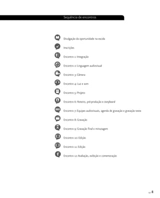 17
Sequência de encontros
Divulgação da oportunidade na escola
Inscrições
Encontro 1: Integração
Encontro 2: Linguagem audiovisual
Encontro 3: Câmera
Encontro 4: Luz e som
Encontro 5: Projeto
Encontro 6: Roteiro, pré-produção e storyboard
Encontro 7: Equipes audiovisuais, agenda de gravação e gravação teste
Encontro 8: Gravação
Encontro 9: Gravação final e minutagem
Encontro 10: Edição
Encontro 11: Edição
Encontro 12:Avaliação, exibição e comemoração
 