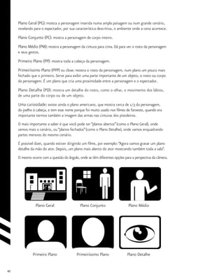 42
Plano Geral (PG): mostra a personagem inserida numa ampla paisagem ou num grande cenário,
revelando para o espectador, por sua característica descritiva, o ambiente onde a cena acontece.
Plano Conjunto (PC): mostra a personagem de corpo inteiro.
Plano Médio (PM): mostra a personagem da cintura para cima. Dá para ver o rosto da personagem
e seus gestos.
Primeiro Plano (PP): mostra toda a cabeça da personagem.
Primeiríssimo Plano (PPP) ou close: mostra o rosto da personagem, num plano um pouco mais
fechado que o primeiro. Serve para exibir uma parte importante de um objeto, o rosto ou corpo
da personagem. É um plano que cria uma proximidade entre a personagem e o espectador.
Plano Detalhe (PD): mostra um detalhe do rosto, como o olhar, o movimento dos lábios,
de uma parte do corpo ou de um objeto.
Uma curiosidade: existe ainda o plano americano, que mostra cerca de 1/3 da personagem,
do joelho à cabeça, e tem esse nome porque foi muito usado nos filmes de faroeste, quando era
importante termos também a imagem das armas nas cinturas dos pistoleiros.
O mais importante a saber é que você pode ter “planos abertos”(como o Plano Geral), onde
vemos mais o cenário, ou “planos fechados”(como o Plano Detalhe), onde vamos enquadrando
partes menores do mesmo cenário.
É possível dizer, quando estiver dirigindo um filme, por exemplo:“Agora vamos gravar um plano
detalhe da mão do ator. Depois, um plano mais aberto do ator mostrando também toda a sala”.
O mesmo ocorre com a questão do ângulo, onde se têm diferentes opções para a perspectiva da câmera.
Plano Geral Plano Conjunto Plano Médio
Primeiro Plano Primeiríssimo Plano Plano Detalhe
 
