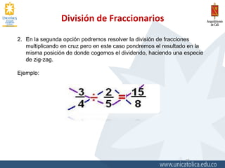 División de Fraccionarios
16
2. En la segunda opción podremos resolver la división de fracciones
multiplicando en cruz pero en este caso pondremos el resultado en la
misma posición de donde cogemos el dividendo, haciendo una especie
de zig-zag.
Ejemplo:
 