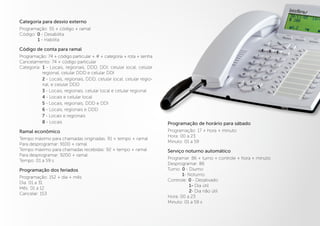 Categoria para desvio externo
Programação: 55 + código + ramal
Código: 0 - Desabilita
1 - Habilita
Código de conta para ramal
Programação: 74 + código particular + # + categoria + rota + senha
Cancelamento: 74 + código particular
Categoria: 1 - Locais, regionais, DDD, DDI, celular local, celular
regional, celular DDD e celular DDI
2 - Locais, regionais, DDD, celular local, celular regio-
nal, e celular DDD
3 - Locais, regionais, celular local e celular regional
4 - Locais e celular local
5 - Locais, regionais, DDD e DDI
6 - Locais, regionais e DDD
7 - Locais e regionais
8 - Locais
Ramal econômico
Tempo máximo para chamadas originadas: 91 + tempo + ramal
Para desprogramar: 9100 + ramal
Tempo máximo para chamadas recebidas: 92 + tempo + ramal
Para desprogramar: 9200 + ramal
Tempo: 01 a 59 s
Programação dos feriados
Programação: 152 + dia + mês
Dia: 01 a 31
Mês: 01 a 12
Cancelar: 153
Programação de horário para sábado
Programação: 17 + hora + minuto
Hora: 00 a 23
Minuto: 01 a 59
Serviço noturno automático
Programar: 86 + turno + controle + hora + minuto
Desprogramar: 86
Turno: 0 - Diurno
1- Noturno
Controle: 0 - Desativado
1- Dia útil
2- Dia não útil
Hora: 00 a 23
Minuto: 01 a 59 s
 