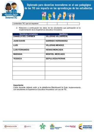 contenidos TIC que se requieren
2. Relacione a continuación los datos de los estudiantes que participarán en la
implementación de la Experiencia educativa innovadora:
Nombres completos Apellidos
DANIELA DEL CARMEN VILLERAS VILLARREAL
JUAN DAVID GARRIDO HERNANDEZ
LUIS VILLERAS MENDEZ
LUIS FERNANDO HENAO MONCADA
MARIANA MONTIEL MERCADO
YESSICA SEPULVEDA PERNIE
Importante:
Cada docente deberá subir a la plataforma Blackboard la Guía: Implementando
con estudiantes la Experiencia Educativa Innovadora con uso de TIC.
 