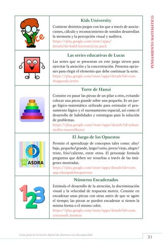 Guía para la inclusión digital de alumnos con discapacidad
31
PENSAMIENTOMATEMÁTICO
Kids University
Contiene distintos jue...