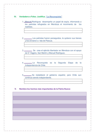 IV.

Verdadero o Falso. Justifica. “La Reconquista”
1. Manuel Rodríguez desempeña un papel de espía, informando a
los patriotas refugiados en Mendoza el movimiento de los
realistas.

2.

3.

Se crea el ejército libertador en Mendoza con el apoyo
de O’ Higgins, San Martín y Manuel Rodríguez.

4.

La Reconquista
Independencia de Chile.

5.

V.

Los patriotas fueron perseguidos, le quitaron sus bienes
y los enviaron a Isla de Pascua.

Se restableció el gobierno español, pero Chile aun
continua siendo independiente.

es

la

Segunda

Etapa

Nombra los hechos más importantes de la Patria Nueva:

de

la

 