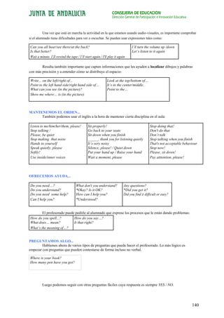 CONSEJERÍA DE EDUCACIÓN
                                                                Dirección General de Participación e Innovación Educativa



          Una vez que está en marcha la actividad en la que estamos usando audio-visuales, es importante comprobar
si el alumnado tiene dificultades para ver o escuchar. Se pueden usar expresiones tales como:

Can you all hear/see there/at the back?                                         I´ll turn the volume up /down
Is that better?                                                                 Let´s listen to it again
Wait a minute. I´ll rewind the tape./ I´ll start again./ I'll play it again

        Resulta también importante que capten informaciones que les ayuden a localizar dibujos y palabras
con más precisión y a entender cómo se distribuye el espacio:

Write... on the left/right of...                            Look at the top/bottom of…
Point to the left hand side/right hand side of…             It´s in the center/middle.
What can you see (in the picture)?                          Point to the…
Show me where… is (in the picture)



MANTENEMOS EL ORDEN...
     También podemos usar el inglés a la hora de mantener cierta disciplina en el aula:

Listen to me/him/her/them, please!           Sit properly!                                    Stop doing that!
Stop talking /                               Go back to your seats                            Don't do that
Please, be quiet                             Sit down when you finish                         Don´t talk
Stop making that noise                       ______, thank you for listening quietly          Stop talking when you finish
Hands to yourself                            It´s very noisy                                  That's not acceptable behaviour
Speak quietly, please                        Silence, please! / Quiet down                    Stop now!
Softly!                                      Put your hand up / Raise your hand               Please, sit down!
Use inside/inner voices                      Wait a moment, please                            Pay atttention, please!




OFRECEMOS AYUDA...

Do you need....?                    What don't you understand?            Any questions?
Do you understand?                  *Okay? Is it OK?                      *Did you get it?
Do you need some help?              How can I help you?                   Did you find it difficult or easy?
Can I help you?                     *Understood?


        El profesorado puede pedirle al alumnado que exprese los procesos que le están dando problemas:
How do you spell...?        How do you say…?
What does… mean?            It that right?
What´s the meaning of…?


PREGUNTAMOS ALGO...
        Hablamos ahora de varios tipos de preguntas que puede hacer el profesorado. Lo más lógico es
empezar con preguntas que pueden contestarse de forma incluso no verbal.

Where is your book?
How many pen have you got?




         Luego podemos seguir con otras preguntas fáciles cuya respuesta es siempre YES / NO.




                                                                                                                            140
 
