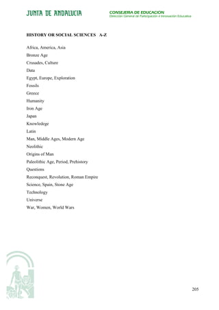 CONSEJERÍA DE EDUCACIÓN
                                       Dirección General de Participación e Innovación Educativa




HISTORY OR SOCIAL SCIENCES A-Z

Africa, America, Asia
Bronze Age
Crusades, Culture
Data
Egypt, Europe, Exploration
Fossils
Greece
Humanity
Iron Age
Japan
Knowledege
Latin
Man, Middle Ages, Modern Age
Neolithic
Origins of Man
Paleolithic Age, Period, Prehistory
Questions
Reconquest, Revolution, Roman Empire
Science, Spain, Stone Age
Technology
Universe
War, Women, World Wars




                                                                                                   205
 