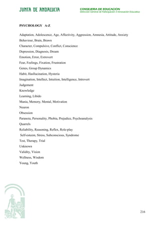 CONSEJERÍA DE EDUCACIÓN
                                                  Dirección General de Participación e Innovación Educativa




PSYCHOLOGY A-Z

Adaptation, Adolescence, Age, Affectivity, Aggression, Amnesia, Attitude, Anxiety
Behaviour, Brain, Brawn
Character, Compulsive, Conflict, Conscience
Depression, Diagnosis, Dream
Emotion, Error, Extrovert
Fear, Feelings, Fixation, Frustration
Genes, Group Dynamics
Habit, Hasllucination, Hysteria
Imagination, Intellect, Intuition, Intelligence, Introvert
Judgement
Knowledge
Learning, Libido
Mania, Memory, Mental, Motivation
Neuron
Obsession
Paranoia, Personality, Phobia, Prejudice, Psychoanalysis
Quarrels
Reliability, Reasoning, Reflex, Role-play
Self-esteem, Stress, Subconscious, Syndrome
Test, Therapy, Trial
Unknown
Validity, Vision
Wellness, Wisdom
Young, Youth




                                                                                                              216
 