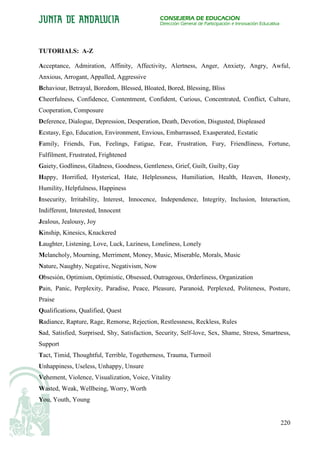CONSEJERÍA DE EDUCACIÓN
                                              Dirección General de Participación e Innovación Educativa




TUTORIALS: A-Z

Acceptance, Admiration, Affinity, Affectivity, Alertness, Anger, Anxiety, Angry, Awful,
Anxious, Arrogant, Appalled, Aggressive
Behaviour, Betrayal, Boredom, Blessed, Bloated, Bored, Blessing, Bliss
Cheerfulness, Confidence, Contentment, Confident, Curious, Concentrated, Conflict, Culture,
Cooperation, Composure
Deference, Dialogue, Depression, Desperation, Death, Devotion, Disgusted, Displeased
Ecstasy, Ego, Education, Environment, Envious, Embarrassed, Exasperated, Ecstatic
Family, Friends, Fun, Feelings, Fatigue, Fear, Frustration, Fury, Friendliness, Fortune,
Fulfilment, Frustrated, Frightened
Gaiety, Godliness, Gladness, Goodness, Gentleness, Grief, Guilt, Guilty, Gay
Happy, Horrified, Hysterical, Hate, Helplessness, Humiliation, Health, Heaven, Honesty,
Humility, Helpfulness, Happiness
Insecurity, Irritability, Interest, Innocence, Independence, Integrity, Inclusion, Interaction,
Indifferent, Interested, Innocent
Jealous, Jealousy, Joy
Kinship, Kinesics, Knackered
Laughter, Listening, Love, Luck, Laziness, Loneliness, Lonely
Melancholy, Mourning, Merriment, Money, Music, Miserable, Morals, Music
Nature, Naughty, Negative, Negativism, Now
Obsesión, Optimism, Optimistic, Obsessed, Outrageous, Orderliness, Organization
Pain, Panic, Perplexity, Paradise, Peace, Pleasure, Paranoid, Perplexed, Politeness, Posture,
Praise
Qualifications, Qualified, Quest
Radiance, Rapture, Rage, Remorse, Rejection, Restlessness, Reckless, Rules
Sad, Satisfied, Surprised, Shy, Satisfaction, Security, Self-love, Sex, Shame, Stress, Smartness,
Support
Tact, Timid, Thoughtful, Terrible, Togetherness, Trauma, Turmoil
Unhappiness, Useless, Unhappy, Unsure
Vehement, Violence, Visualization, Voice, Vitality
Wasted, Weak, Wellbeing, Worry, Worth
You, Youth, Young


                                                                                                          220
 