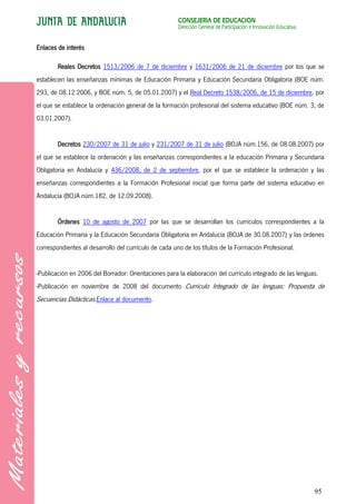 CONSEJERÍA DE EDUCACIÓN
                                                      Dirección General de Participación e Innovación Educativa


Enlaces de interés

        Reales Decretos 1513/2006 de 7 de diciembre y 1631/2006 de 21 de diciembre por los que se
establecen las enseñanzas mínimas de Educación Primaria y Educación Secundaria Obligatoria (BOE núm.
293, de 08.12.2006, y BOE núm. 5, de 05.01.2007) y el Real Decreto 1538/2006, de 15 de diciembre, por
el que se establece la ordenación general de la formación profesional del sistema educativo (BOE núm. 3, de
03.01.2007).


        Decretos 230/2007 de 31 de julio y 231/2007 de 31 de julio (BOJA núm.156, de 08.08.2007) por
el que se establece la ordenación y las enseñanzas correspondientes a la educación Primaria y Secundaria
Obligatoria en Andalucía y 436/2008, de 2 de septiembre, por el que se establece la ordenación y las
enseñanzas correspondientes a la Formación Profesional inicial que forma parte del sistema educativo en
Andalucía (BOJA núm.182, de 12.09.2008).


        Órdenes 10 de agosto de 2007 por las que se desarrollan los currículos correspondientes a la
Educación Primaria y la Educación Secundaria Obligatoria en Andalucía (BOJA de 30.08.2007) y las órdenes
correspondientes al desarrollo del currículo de cada uno de los títulos de la Formación Profesional.


-Publicación en 2006 del Borrador: Orientaciones para la elaboración del currículo integrado de las lenguas.
-Publicación en noviembre de 2008 del documento Currículo Integrado de las lenguas: Propuesta de
Secuencias Didácticas.Enlace al documento.




                                                                                                                  95
 