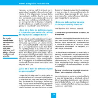 Sistema de Seguridad Social en Salud


                    ingresos y su ingreso real. Se entiende por in-      do o como trabajador independiente, según sea
                    greso real del trabajador independiente el equi-     el caso, sin dejar de hacer aquellos propios de
                    valente al 35% del promedio mensual de los           su condición de pensionado. En tales casos,
                    ingresos totales recibidos durante el año ante-      tendrá derecho a los beneficios de todo traba-
                    rior o cuando esto no sea posible sobre la suma      jador independiente o empleado.
                    que éste haya recibido durante la fracción de
                    año correspondiente. Si el ingreso real es infe-     ¿Cómo se debe cotizar durante
                    rior al resultado que arroja la presunción de in-    las incapacidades y licencias?
                    gresos, se pagará sobre este último valor.
                                                                         Todo depende de la novedad. Veamos:
                    ¿Cuál es la base de cotización para
                    el trabajador que ostente la calidad                 Durante la incapacidad laboral la licencia de
                    de empleado e independiente?                         maternidad:

En ningún           Si el empleado es a la vez trabajador indepen-       Se tomará como Ingreso Base de Cotización el
caso la base        diente y por dicha ocupación obtiene ingresos        valor de la incapacidad o de la licencia de ma-
de cotización       mensuales superiores a un salario mínimo,            ternidad según sea el caso, manteniéndose
para los            debe comunicarlo a la EPS y hacer los aportes        la misma proporción en la cotización que le
pensionados         que le corresponden como tal, sin dejar de ha-       corresponde al empleador y al trabajador (8%
podrá ser           cer aquellos propios de su condición de em-          y 4% respectivamente).
inferior a un (1)   pleado. Los aportes que en calidad de indepen-
salario mínimo      diente deba hacer, podrá realizarlos a través        Las llamadas «novedades» o incapacidades y
legal mensual       de su empleador otorgando a éste autorización        licencias también están amparadas por el Ré-
vigente.            expresa en el formulario de afiliación para que      gimen Contributivo para los trabajadores inde-
                    efectúe los descuentos y pagos correspondien-        pendientes, siempre y cuando sean reportadas
                    tes. El no pago de la totalidad del aporte oca-      oportunamente a la EPS a través del formula-
                    sionará la suspensión de los servicios de salud      rio de autoliquidación de aportes, adjuntando
                    por parte de la EPS.                                 la incapacidad o licencia expedida por el médi-
                                                                         co de la EPS.
                    ¿Cuál es la base de cotización para
                                                                         Durante vacaciones y permisos remunera-
                    los pensionados?                                     dos en los empleados cotizantes:
                    La base de cotización para los pensionados es        Las cotizaciones se causarán en su totalidad y
                    el monto de la pensión mensual recibida y nun-       el pago de los aportes se efectuará sobre el
                    ca se acepta una base para la cotización infe-       último ingreso base de cotización reportado con
                    rior a dicha cuantía. Sin embargo, si el pensio-     anterioridad a la fecha en la cual el trabajador
                    nado ingresa nuevamente a la fuerza producti-        hubiera iniciado el disfrute de las respectivas
                    va del país debe comunicarlo a la EPS y hacer        vacaciones o permisos.
                    los aportes que le corresponden como emplea-



                                                                        14
 