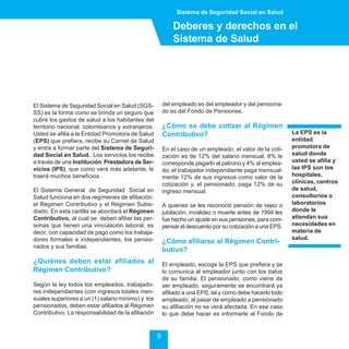 Sistema de Seguridad Social en Salud

                                                            Deberes y derechos en el
                                                            Sistema de Salud




El Sistema de Seguridad Social en Salud (SGS-           del empleado es del empleador y del pensiona-
SS) es la forma como se brinda un seguro que            do es del Fondo de Pensiones.
cubre los gastos de salud a los habitantes del
territorio nacional, colombianos y extranjeros.         ¿Cómo se debe cotizar al Régimen
Usted se afilia a la Entidad Promotora de Salud         Contributivo?                                      La EPS es la
(EPS) que prefiera, recibe su Carnet de Salud                                                              entidad
y entra a formar parte del Sistema de Seguri-           En el caso de un empleado, el valor de la coti-    promotora de
dad Social en Salud. Los servicios los recibe           zación es de 12% del salario mensual, 8% le        salud donde
a través de una Institución Prestadora de Ser-          corresponde pagarlo al patrono y 4% al emplea-     usted se afilia y
vicios (IPS), que como verá más adelante, le            do; el trabajador independiente paga mensual-      las IPS son los
traerá muchos beneficios.                               mente 12% de sus ingresos como valor de la         hospitales,
                                                        cotización y, el pensionado, paga 12% de su        clínicas, centros
El Sistema General de Seguridad Social en               ingreso mensual.                                   de salud,
Salud funciona en dos regímenes de afiliación:                                                             consultorios o
el Régimen Contributivo y el Régimen Subsi-             A quienes se les reconoció pensión de vejez o      laboratorios
diado. En esta cartilla se abordará el Régimen          jubilación, invalidez o muerte antes de 1994 les   donde le
Contributivo, al cual se deben afiliar las per-         fue hecho un ajuste en sus pensiones, para com-    atiendan sus
sonas que tienen una vinculación laboral, es            pensar el descuento por su cotización a una EPS.   necesidades en
decir, con capacidad de pago como los trabaja-                                                             materia de
dores formales e independientes, los pensio-                                                               salud.
                                                        ¿Cómo afiliarse al Régimen Contri-
nados y sus familias.
                                                        butivo?
¿Quiénes deben estar afiliados al                       El empleado, escoge la EPS que prefiera y se
Régimen Contributivo?                                   lo comunica al empleador junto con los datos
                                                        de su familia. El pensionado, como viene de
Según la ley todos los empleados, trabajado-            ser empleado, seguramente se encontrará ya
res independientes (con ingresos totales men-           afiliado a una EPS, tal y como debe hacerlo todo
suales superiores a un (1) salario mínimo) y los        empleado; al pasar de empleado a pensionado
pensionados, deben estar afiliados al Régimen           su afiliación no se verá afectada. En ese caso
Contributivo. La responsabilidad de la afiliación       lo que debe hacer es informarle al Fondo de


                                                    5
 