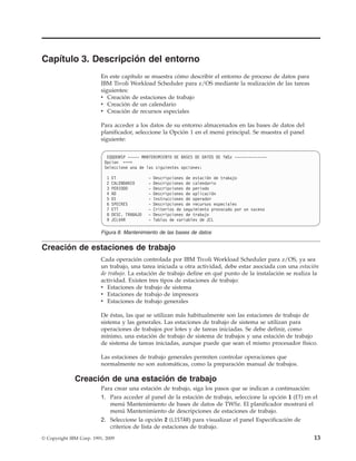 Capítulo 3. Descripción del entorno
                          En este capítulo se muestra cómo describir el entorno de proceso de datos para
                          IBM Tivoli Workload Scheduler para z/OS mediante la realización de las tareas
                          siguientes:
                          v Creación de estaciones de trabajo
                          v Creación de un calendario
                          v Creación de recursos especiales

                          Para acceder a los datos de su entorno almacenados en las bases de datos del
                          planificador, seleccione la Opción 1 en el menú principal. Se muestra el panel
                          siguiente:


                            EQQODBSP ----- MANTENIMIENTO DE BASES DE DATOS DE TWSz --------------
                           Opcion ===>
                           Seleccione una de las siguientes opciones:

                            1   ET              -   Descripciones de estación de trabajo
                            2   CALENDARIO      -   Descripciones de calendario
                            3   PERIODO         -   Descripciones de periodo
                            4   AD              -   Descripciones de aplicación
                            5   OI              -   Instrucciones de operador
                            6   SPECRES         -   Descripciones de recursos especiales
                            7   ETT             -   Criterios de seguimiento provocado por un suceso
                            8   DESC. TRABAJO   -   Descripciones de trabajo
                            9   JCLVAR          -   Tablas de variables de JCL

                          Figura 8. Mantenimiento de las bases de datos


Creación de estaciones de trabajo
                          Cada operación controlada por IBM Tivoli Workload Scheduler para z/OS, ya sea
                          un trabajo, una tarea iniciada u otra actividad, debe estar asociada con una estación
                          de trabajo. La estación de trabajo define en qué punto de la instalación se realiza la
                          actividad. Existen tres tipos de estaciones de trabajo:
                          v Estaciones de trabajo de sistema
                          v Estaciones de trabajo de impresora
                          v Estaciones de trabajo generales

                          De éstas, las que se utilizan más habitualmente son las estaciones de trabajo de
                          sistema y las generales. Las estaciones de trabajo de sistema se utilizan para
                          operaciones de trabajos por lotes y de tareas iniciadas. Se debe definir, como
                          mínimo, una estación de trabajo de sistema de trabajos y una estación de trabajo
                          de sistema de tareas iniciadas, aunque puede que sean el mismo procesador físico.

                          Las estaciones de trabajo generales permiten controlar operaciones que
                          normalmente no son automáticas, como la preparación manual de trabajos.

              Creación de una estación de trabajo
                          Para crear una estación de trabajo, siga los pasos que se indican a continuación:
                          1. Para acceder al panel de la estación de trabajo, seleccione la opción 1 (ET) en el
                             menú Mantenimiento de bases de datos de TWSz. El planificador mostrará el
                             menú Mantenimiento de descripciones de estaciones de trabajo.
                          2. Seleccione la opción 2 (LISTAR) para visualizar el panel Especificación de
                             criterios de lista de estaciones de trabajo.
© Copyright IBM Corp. 1991, 2009                                                                              13
 