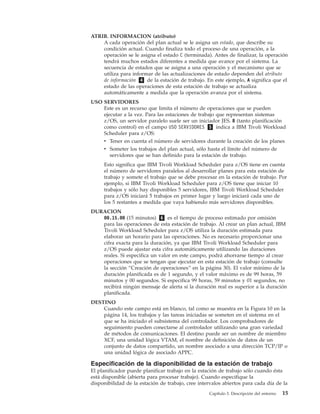 ATRIB. INFORMACION (atributo)
    A cada operación del plan actual se le asigna un estado, que describe su
    condición actual. Cuando finaliza todo el proceso de una operación, a la
    operación se le asigna el estado C (terminada). Antes de finalizar, la operación
    tendrá muchos estados diferentes a medida que avance por el sistema. La
    secuencia de estados que se asigna a una operación y el mecanismo que se
    utiliza para informar de las actualizaciones de estado dependen del atributo
    de información 4 de la estación de trabajo. En este ejemplo, A significa que el
    estado de las operaciones de esta estación de trabajo se actualiza
    automáticamente a medida que la operación avanza por el sistema.
USO SERVIDORES
    Este es un recurso que limita el número de operaciones que se pueden
    ejecutar a la vez. Para las estaciones de trabajo que representan sistemas
    z/OS, un servidor paralelo suele ser un iniciador JES. B (tanto planificación
    como control) en el campo USO SERVIDORES 5 indica a IBM Tivoli Workload
    Scheduler para z/OS:
    v Tener en cuenta el número de servidores durante la creación de los planes
     v Someter los trabajos del plan actual, sólo hasta el límite del número de
       servidores que se han definido para la estación de trabajo.
     Esto significa que IBM Tivoli Workload Scheduler para z/OS tiene en cuenta
     el número de servidores paralelos al desarrollar planes para esta estación de
     trabajo y somete el trabajo que se debe procesar en la estación de trabajo. Por
     ejemplo, si IBM Tivoli Workload Scheduler para z/OS tiene que iniciar 10
     trabajos y sólo hay disponibles 5 servidores, IBM Tivoli Workload Scheduler
     para z/OS iniciará 5 trabajos en primer lugar y luego iniciará cada uno de
     los 5 restantes a medida que vaya habiendo más servidores disponibles.
DURACION
   00.15.00 (15 minutos) 6 es el tiempo de proceso estimado por omisión
   para las operaciones de esta estación de trabajo. Al crear un plan actual, IBM
   Tivoli Workload Scheduler para z/OS utiliza la duración estimada para
   elaborar un horario para las operaciones. No es necesario proporcionar una
   cifra exacta para la duración, ya que IBM Tivoli Workload Scheduler para
   z/OS puede ajustar esta cifra automáticamente utilizando las duraciones
   reales. Si especifica un valor en este campo, podrá ahorrarse tiempo al crear
   operaciones que se tengan que ejecutar en esta estación de trabajo (consulte
   la sección “Creación de operaciones” en la página 30). El valor mínimo de la
   duración planificada es de 1 segundo, y el valor máximo es de 99 horas, 59
   minutos y 00 segundos. Si especifica 99 horas, 59 minutos y 01 segundos, no
   recibirá ningún mensaje de alerta si la duración real es superior a la duración
   planificada.
DESTINO
    Cuando este campo está en blanco, tal como se muestra en la Figura 10 en la
    página 14, los trabajos y las tareas iniciadas se someten en el sistema en el
    que se ha iniciado el subsistema del controlador. Los comprobadores de
    seguimiento pueden conectarse al controlador utilizando una gran variedad
    de métodos de comunicaciones. El destino puede ser un nombre de miembro
    XCF, una unidad lógica VTAM, el nombre de definición de datos de un
    conjunto de datos compartido, un nombre asociado a una dirección TCP/IP o
    una unidad lógica de asociado APPC.

Especificación de la disponibilidad de la estación de trabajo
El planificador puede planificar trabajo en la estación de trabajo sólo cuando ésta
está disponible (abierta para procesar trabajo). Cuando especifique la
disponibilidad de la estación de trabajo, cree intervalos abiertos para cada día de la
                                                   Capítulo 3. Descripción del entorno   15
 