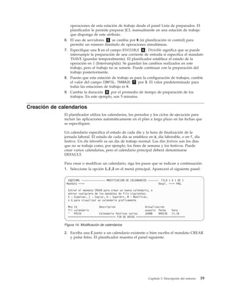 operaciones de esta estación de trabajo desde el panel Lista de preparados. El
                 planificador le permite preparar JCL manualmente en una estación de trabajo
                 que disponga de este atributo.
              6. El uso de servidores 5 se cambia por N (ni planificación ni control) para
                 permitir un número ilimitado de operaciones simultáneas.
              7. Especifique una S en el campo DIVISIBLE 6 . Divisible significa que se puede
                 interrumpir la preparación de una corriente de entrada si especifica el mandato
                 TSAVE (guardar temporalmente). El planificador establece el estado de la
                 operación en I (Interrumpida). Se guardan los cambios realizados en este
                 trabajo, pero el trabajo no se somete. Puede continuar con la preparación del
                 trabajo posteriormente.
              8. Puesto que esta estación de trabajo es para la configuración de trabajos, cambie
                 el valor del campo CONFIG. TRABAJO 7 por S. El valor predeterminado para
                 todas las estaciones de trabajo es N.
              9. Cambie la duración 8 por el promedio de tiempo de preparación de los
                 trabajos. En este ejemplo, son 5 minutos.

Creación de calendarios
              El planificador utiliza los calendarios, los periodos y los ciclos de ejecución para
              incluir las aplicaciones automáticamente en el plan a largo plazo en las fechas que
              se especifiquen.

              Un calendario especifica el estado de cada día y la hora de finalización de la
              jornada laboral. El estado de cada día se establece en W, día laborable, o en F, día
              festivo. Un día laborable es un día de trabajo normal. Los días festivos son los días
              que no se trabaja como, por ejemplo, los fines de semana y los festivos. Puede
              crear varios calendarios, pero el calendario principal deberá denominarse
              DEFAULT.

              Para crear o modificar un calendario, siga los pasos que se indican a continuación:
              1. Seleccione la opción 1.2.2 en el menú principal. Aparecerá el siguiente panel:


                EQQTCAML ---------------- MODIFICACION DE CALENDARIOS ------- FILA 1 A 1 DE 1
               Mandato ===>                                                  Despl. ===> PAG.

                Entrar el mandato CREAR para crear un nuevo calendario, o
                entrar cualquiera de los mandatos de fila siguientes:
                E - Examinar, C - Copiar, D - Suprimir, M - Modificar,
                o G para visualizar un calendario graficamente

                Mto Id               Descripcion                    Actualizacion
                fil calendario                                      usuario fecha     hora
                '   PAISX            Calendario festivos varios     JUANB    940130 11.10
                ******************************** FIN DE DATOS *********************************

              Figura 14. Modificación de calendarios

              2. Escriba una C junto a un calendario existente o bien escriba el mandato CREAR
                 y pulse Intro. El planificador muestra el panel siguiente:




                                                                      Capítulo 3. Descripción del entorno   19
 