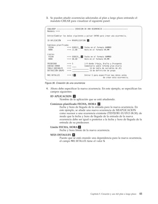 3. Se pueden añadir ocurrencias adicionales al plan a largo plazo entrando el
    mandato CREAR para visualizar el siguiente panel:


  EQQLADDP ----------------- CREACION DE UNA OCURRENCIA ------------------------
  Mandato ===>

  Entrar/Cambiar los datos siguientes y pulsar INTRO para crear una ocurrencia.

  ID APLICACIÓN      ===> MYAPPLICATION    1

  Comienzo planificado:
   FECHA             ===> 030513__ 2 Fecha en el formato AAMMDD
   HORA              ===> 11.00      Hora en el formato HH.MM

  Limite:
   FECHA             ===> 030514__ 3 Fecha en el formato AAMMDD
   HORA              ===> 06.00      Hora en el formato HH.MM

  PRIORIDAD          ===>   5           1-9 donde 1=baja, 8=alta y 9=urgente
  CODIGO ERROR       ===>   ____        Comentario sobre informe plan diario
  TABLA VARIABLES    ===>   ________________ Id de tabla de variables de JCL
  DEFINICIÓN GRUPO   ===>   ________________ Id de definición de grupo

  MAS DETALLES       ===> S 4           Entrar S para especificar mas datos antes
                                                          de crear esta ocurrencia.

Figura 36. Creación de una ocurrencia

 4. Ahora debe especificar la nueva ocurrencia. En este ejemplo, se especifican los
    campos siguientes:
     ID APLICACION 1
           Nombre de la aplicación que se está añadiendo.
     Comienzo planificado FECHA, HORA 2
           Fecha y hora de llegada de la entrada para la nueva ocurrencia. En
           este ejemplo, se añade una nueva ocurrencia de MIAPLICACION
           como sucesor a una ocurrencia existente (TESTJOB1 03/0513 08.30); de
           modo que la fecha y hora de llegada de la entrada de la nueva
           ocurrencia debe ser igual o posterior a la fecha y hora de llegada de la
           entrada de su predecesor.
     Límite FECHA, HORA 3
            Fecha y hora límite de la nueva ocurrencia.
     MÁS DETALLES 4
          Puesto que se está creando una dependencia para la nueva ocurrencia,
          el campo MAS DETALLES tiene el valor S.




                                               Capítulo 5. Creación y uso del plan a largo plazo   41
 
