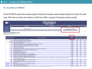 FI y Cuartiles en INRECS
Como IN‐RECS ordena las revistas según el Índice de Impacto, sólo se debe localizar la revista. En este
caso, RIE tiene un Índice de Impacto en 2010 de 0,566 y ocupa la 3ª posición (primer cuartil).
Unidad de Bibliometría
 