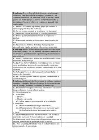 3. Indicador: Crea el clima y la dinámica imprescindibles para
trabajar en clase. Controla las situaciones imprevistas y las
conductas disruptivas. Las relaciones con el alumnado y entre
iguales son fluidas porque se apoyan en normas conocidas y
aceptadas, así como en valores de respeto, de igualdad y de
colaboración.
3.1. Propicia un clima de seguridad y apoyo que favorece el
aprendizaje y el trabajo del alumnado.
3.2. No hay tensión entre el/ la practicante y el alumnado.
3.3. La relación entre el alumnado es cordial y considerada.
3.4. El tono que emplea con el alumnado es respetuoso y
positivo.
3.5. El alumnado participa activamente en las actividades del
aula.
3.6. Favorece una dinámica de trabajo fluida porque el
alumnado sabe y aplica las rutinas y las normas convenidas.
4. Indicador: Motiva al alumnado con estímulos positivos sobre
su esfuerzo, conecta con sus intereses y evidencia la relación de
los diferentes aprendizajes con experiencias y situaciones de la
vida cotidiana.
4.1. Conecta los intereses y la experiencia del alumnado con sus
propuestas de aprendizaje.
4.2. Se ofrece al alumnado tanto el sentido que tiene la materia
como la utilidad de la misma, la conexión que los contenidos
pueden tener con sus propios intereses y experiencias de la vida
cotidiana.
4.3. Refuerza a través de estímulos positivos la conducta y el
esfuerzo del alumnado.
4.4. Está motivado por los objetivos y por los contenidos de la
clase que imparte.
5. Indicador: Utiliza variedad de métodos. Su estilo de trabajo es
innovador, trabaja los distintos elementos de las competencias
básicas e integra diferentes situaciones de aprendizaje.
5.1. Emplea diferentes procedimientos, actividades y situaciones
de aprendizaje en el desarrollo de la clase.
5.2. Su estilo general es:
a. Tradicional:
a.1.Explica.
a.2.Explica y pregunta.
a.3.Explica, pregunta y comprueba si se ha entendido.
b. Innovador:
b.1. Utiliza variedad de estrategias interactivas.
b.2. Utiliza estrategias interactivas con el alumnado favore-
ciendo el tratamiento de las competencias básicas.
c. Otros.
5.3. Los métodos específicos del área o materia son puestos al
alcance del alumnado de manera adecuada a su edad.
5.4. El alumnado puede desarrollar métodos cooperativos que le
permite aprender entre iguales y trabajar en equipo.
5.5. Hace un uso equilibrado del libro de texto en relación con
otros materiales de aprendizaje.
 