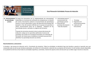 Guía Planeación Actividades Proceso de Inducción



11. Reconocimiento El grupo de instructores con la implementación de instrumentos                3. Instrumentos para el
  de aprendizajes  disponibles en el proceso de certificación de competencias o el diseño           reconocimiento de           1.  Prototipo
      previos      de nuevos instrumentos realizará el reconocimiento de aprendizajes               aprendizajes previos        2. Diagnóstico de
                   previos, el cual se desarrollará a partir del desarrollo del prototipo del    4. Desarrollo del                 conocimiento previos
                   proyecto o fase del proyecto definido por los grupos de aprendices.              prototipo del proyecto      3. ( aplicación del
                   Dicho reconocimiento parte de la validación individual de los                    – fase del proyecto            Instrumento)
                   aprendizajes previos asociados al programa de formación.

                       El grupo de instructores durante la tercer semana del proceso de
                       inducción, trabaja con los aprendices definiendo el alcance del
                       prototipo, de acuerdo con el proyecto formulado y los materiales de
                       formación, de manera que se establezca el producto que permitirá
                       identificar los aprendizaje durante esa semana..



Recomendaciones y aclaraciones:

La temática del proceso de inducción será la formulación de proyectos. Todas las actividades se abordarán bajo esta temática y guiarán al aprendiz para que
comprenda cada uno de los ejes temáticos planteados, con énfasis en la formulación y selección de sus proyectos de formación. En este sentido, estarán disponibles
en la plataforma del Sena virtual todas las actividades específicas, contenidos, material de soporte y foros de discusión que se deben seguir durante la inducción.
 