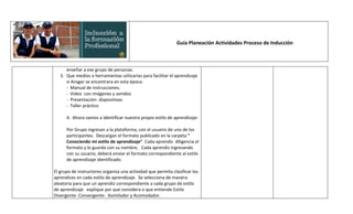 Guía Planeación Actividades Proceso de Inducción



      enseñar a ese grupo de personas.
   3. Que medios o herramientas utilizarías para facilitar el aprendizaje
      si Ansgar se encontrara en esta época:
      - Manual de instrucciones.
      - Video con imágenes y sonidos
      - Presentación- diapositivas
      - Taller práctico

      4. Ahora vamos a identificar nuestro propio estilo de aprendizaje:

      Por Grupo ingresan a la plataforma, con el usuario de uno de los
      participantes. Descargan el formato publicado en la carpeta "
      Conociendo mi estilo de aprendizaje" Cada aprendiz diligencia el
      formato y lo guarda con su nombre, Cada aprendiz ingresando
      con su usuario, deberá enviar el formato correspondiente al estilo
      de aprendizaje identificado.

El grupo de instructores organiza una actividad que permita clasificar los
aprendices en cada estilo de aprendizaje. Se selecciona de manera
aleatoria para que un aprendiz correspondiente a cada grupo de estilo
de aprendizaje explique por que considera o que entiende Estilo
Divergente- Convergente- Asimilador y Acomodador.
 