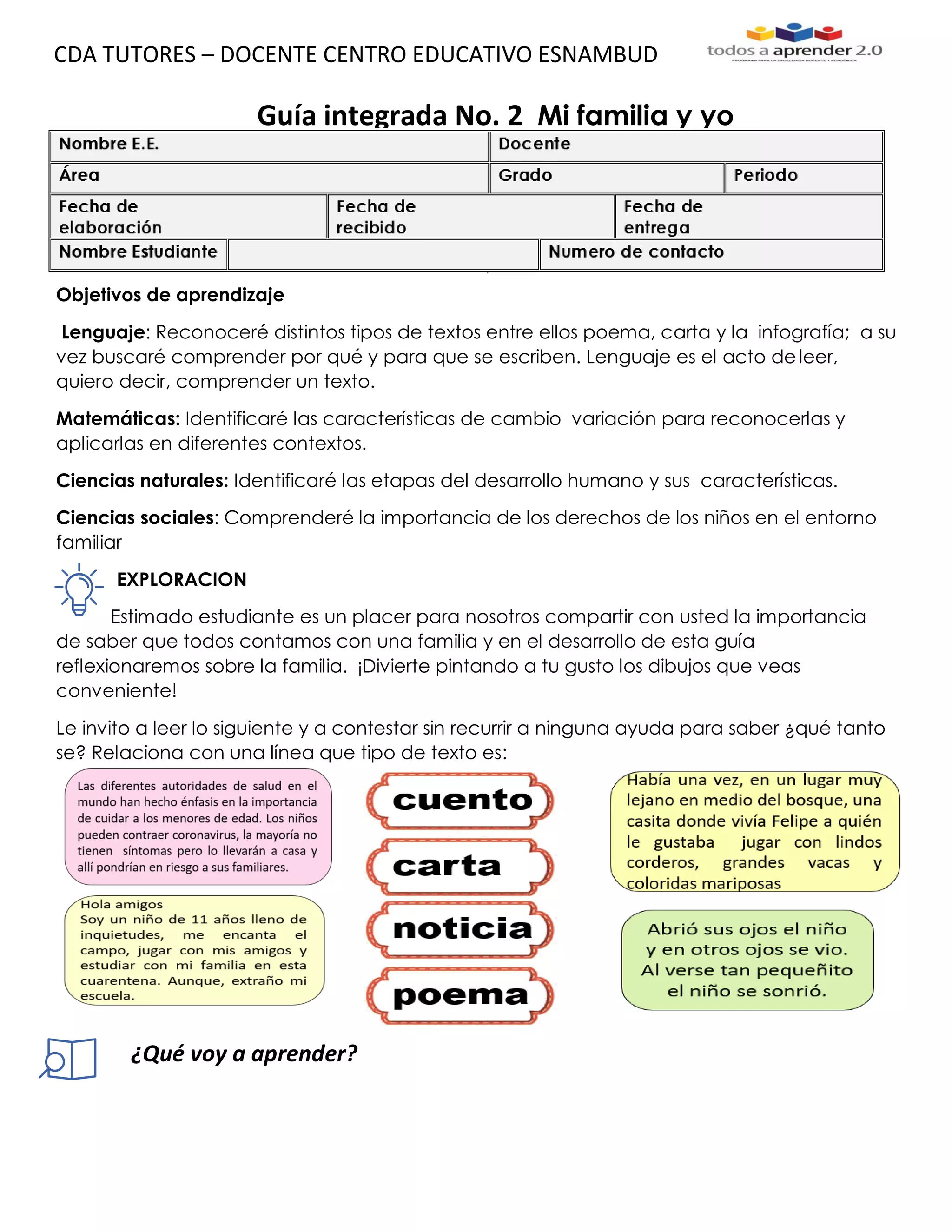 Guia integrada mi familia y yo | PDF
