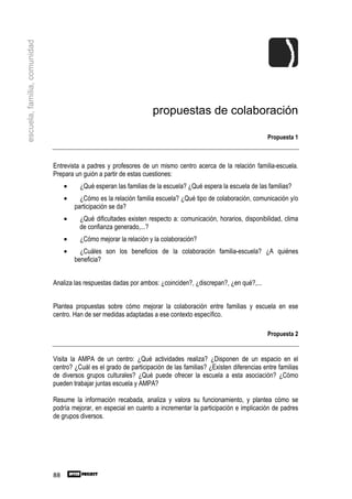 escuela, familia, comunidad




                                                                    propuestas de colaboración

                                                                                                                 Propuesta 1



                              Entrevista a padres y profesores de un mismo centro acerca de la relación familia-escuela.
                              Prepara un guión a partir de estas cuestiones:
                                   •     ¿Qué esperan las familias de la escuela? ¿Qué espera la escuela de las familias?
                                   •     ¿Cómo es la relación familia escuela? ¿Qué tipo de colaboración, comunicación y/o
                                       participación se da?
                                   •    ¿Qué dificultades existen respecto a: comunicación, horarios, disponibilidad, clima
                                        de confianza generado,...?
                                   •     ¿Cómo mejorar la relación y la colaboración?
                                   •     ¿Cuáles son los beneficios de la colaboración familia-escuela? ¿A quiénes
                                       beneficia?


                              Analiza las respuestas dadas por ambos: ¿coinciden?, ¿discrepan?, ¿en qué?,...


                              Plantea propuestas sobre cómo mejorar la colaboración entre familias y escuela en ese
                              centro. Han de ser medidas adaptadas a ese contexto específico.

                                                                                                                 Propuesta 2


                              Visita la AMPA de un centro: ¿Qué actividades realiza? ¿Disponen de un espacio en el
                              centro? ¿Cuál es el grado de participación de las familias? ¿Existen diferencias entre familias
                              de diversos grupos culturales? ¿Qué puede ofrecer la escuela a esta asociación? ¿Cómo
                              pueden trabajar juntas escuela y AMPA?

                              Resume la información recabada, analiza y valora su funcionamiento, y plantea cómo se
                              podría mejorar, en especial en cuanto a incrementar la participación e implicación de padres
                              de grupos diversos.




                              88
 