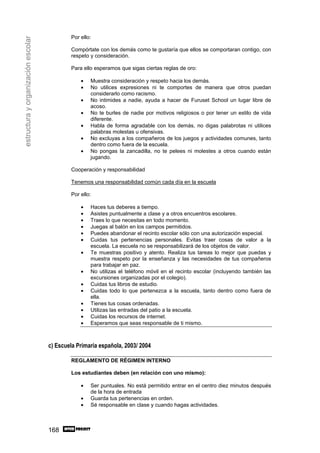 Por ello:
estructura y organización escolar

                                            Compórtate con los demás como te gustaría que ellos se comportaran contigo, con
                                            respeto y consideración.

                                            Para ello esperamos que sigas ciertas reglas de oro:

                                                •   Muestra consideración y respeto hacia los demás.
                                                •   No utilices expresiones ni te comportes de manera que otros puedan
                                                    considerarlo como racismo.
                                                •   No intimides a nadie, ayuda a hacer de Furuset School un lugar libre de
                                                    acoso.
                                                •   No te burles de nadie por motivos religiosos o por tener un estilo de vida
                                                    diferente.
                                                •   Habla de forma agradable con los demás, no digas palabrotas ni utilices
                                                    palabras molestas u ofensivas.
                                                •   No excluyas a los compañeros de los juegos y actividades comunes, tanto
                                                    dentro como fuera de la escuela.
                                                •   No pongas la zancadilla, no te pelees ni molestes a otros cuando están
                                                    jugando.

                                            Cooperación y responsabilidad

                                            Tenemos una responsabilidad común cada día en la escuela

                                            Por ello:

                                                •   Haces tus deberes a tiempo.
                                                •   Asistes puntualmente a clase y a otros encuentros escolares.
                                                •   Traes lo que necesitas en todo momento.
                                                •   Juegas al balón en los campos permitidos.
                                                •   Puedes abandonar el recinto escolar sólo con una autorización especial.
                                                •   Cuidas tus pertenencias personales. Evitas traer cosas de valor a la
                                                    escuela. La escuela no se responsabilizará de los objetos de valor.
                                                •   Te muestras positivo y atento. Realiza tus tareas lo mejor que puedas y
                                                    muestra respeto por la enseñanza y las necesidades de tus compañeros
                                                    para trabajar en paz.
                                                •   No utilizas el teléfono móvil en el recinto escolar (incluyendo también las
                                                    excursiones organizadas por el colegio).
                                                •   Cuidas tus libros de estudio.
                                                •   Cuidas todo lo que pertenezca a la escuela, tanto dentro como fuera de
                                                    ella.
                                                •   Tienes tus cosas ordenadas.
                                                •   Utilizas las entradas del patio a la escuela.
                                                •   Cuidas los recursos de internet.
                                                •   Esperamos que seas responsable de ti mismo.



                                    c) Escuela Primaria española, 2003/ 2004

                                            REGLAMENTO DE RÉGIMEN INTERNO

                                            Los estudiantes deben (en relación con uno mismo):

                                                •   Ser puntuales. No está permitido entrar en el centro diez minutos después
                                                    de la hora de entrada
                                                •   Guarda tus pertenencias en orden.
                                                •   Sé responsable en clase y cuando hagas actividades.



                                    168
 