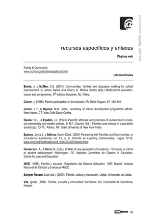 escuela, familia, comunidad
                                 recursos específicos y enlaces
                                                                                  Páginas web


Family & Community
www.ncrel.org/sdrs/areas/pa0cont.htm
                                                                               Libros/artículos


Banks, J. y McGee, C.A. (2004). Communities, families and educators working for school
improvement, in James Banks and Cherry A. McGee Banks (eds.) Multicultural education:
issues and perspectives. 5th edition. Hoboken, NJ: Wiley.

Comer, J. (1986). Parent participation in the schools. Phi Delta Kappan, 67, 442-446.

Comer, J.P., & Haynes, N.M. (1992). Summary of school development programme effects.
New Haven, CT: Yale Child Study Centre.

Dauber, S.L., & Epstein, J.L. (1993). Parents' attitudes and practices of involvement in inner-
city elementary and middle schools. In N.F. Chavkin (Ed.), Families and schools in a pluralistic
society (pp. 53-71). Albany, NY: State University of New York Press.

Epstein, Joyce L. y Salinas, Karen Clark. (2004) Partnering with Families and Communities, in
Educational Leadership vol. 61, n. 8. Schools as Learning Communities, Pages 12-18.
www.ascd.org/publications/ed_lead/200405/epstein.html

Henderson, A., & Beria, N. (Eds.). (1994). A new generation of evidence: The family is critical
to student achievement. Washington, DC: National Committee for Citizens in Education,
Centre for Law and Education.

INCE. (1998). Familia y escuela. Diagnóstico del Sistema Educativo. 1997. Madrid: Instituto
Nacional de Calidad y Evaluación-MEC.

Samper Rasero, Lluis (ed.). (2000). Familia, cultura y educación. Lleida: Universitat de Lleida.

Vila, Ignasi. (1998). Familia, escuela y comunidad. Barcelona: ICE Universitat de Barcelona-
Horsori.




                                                                                              91
 