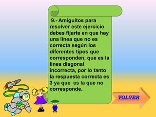 9.- Amiguitos para
resolver este ejercicio
debes fijarte en que hay
una línea que no es
correcta según los
diferentes tipos que
corresponden, que es la
línea diagonal
incorrecta, por lo tanto
la respuesta correcta es
3 ya que es la que no
corresponde.
VOLVER
 