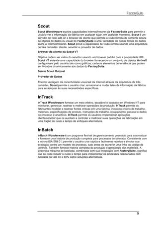 FactorySuite


Scout
Scout Wonderware explora capacidades Internet/Intranet da FactorySuite para permitir o
usuário ver a informação da fábrica em qualquer lugar, em qualquer momento. Scout é um
servidor de rede add-on e browser de cliente que permite a visão remota de somente leitura
de objetos de dados ou visual do FactorySuite e uma variedade de outras fontes de dados
sobre a Internet/Intranet. Scout provê a capacidade de visão remota usando uma arquitetura
de três camadas: cliente, servidor e provedor de dados.
Browser do cliente ou Scout VT

Objetos podem ser vistos do servidor usando um browser padrão com a propriedade URL.
Scout VT estende uma capacidade do browser fornecendo um conjunto de objetos ActiveX
configuráveis pelo usuário tais como gráficos, cartas e elementos de tendência que podem
ser lincados dinamicamente aos dados do FactorySuite.
Server Scout Outpost

Provedor de Dados

Tirando vantagem da conectividade universal da Internet através da arquitetura de três
camadas, Scout permite o usuário criar, armazenar e mudar telas de informação da fábrica
para se adequar às suas necessidades específicas.


InTrack
InTrack Wonderware fornece um meio efetivo, escalável e baseado em Windows NT para
monitorar, gerenciar, rastrear e melhorar operações de produção. InTrack permite os
fabricantes modelar e rastrear fontes críticas em uma fábrica, incluindo ordens de trabalho,
materiais, especificações de produto, instruções de trabalho, equipamento, pessoal e dados
do processo e analíticos. InTrack permite os usuários implementar aplicações
cliente/servidor que os auxiliam a controlar e melhorar suas operações de fabricação em
uma fração de custo e tempo de enfoques alternativos.


InBatch
InBatch Wonderware é um programa flexível de gerenciamento projetado para automatizar
e fornecer uma historia de produção completa para processos de batelada. Consistente com
a norma ISA S88.01, permite o usuário criar rápida e facilmente receitas e simular sua
execução contra um modelo de processo, tudo antes de escrever uma linha do código de
controle. Também fornece historia completa da produção e genealogia dos materiais. A
poderosa máquina de batelada, combinada com sua integração com FactorySuite, significa
que se pode reduzir o custo e tempo para implementar os processos relacionados com
batelada por até 40 a 60% sobre soluções alternativas.




                                                                                   9
 