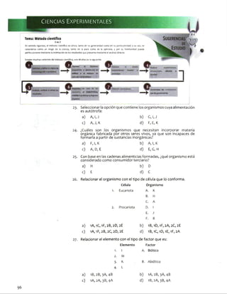 Ciencias Experim entales HJM
f
Tema: Método científico
2 de 2
En sentido riguroso, el método científico es único, tanto en su generalidad como en su particularidad; a su vez, se
caracteriza como un rasgo de la ciencia, tanto de la pura como de la aplicada, y por su familiaridad puede
perfeccionarse mediante la estimación de los resultados que presenta mediante el análisis directo.
Existen muchas variantes del método científico, una de ellas es la siguiente:
• w » ....._ _ k . (Miposk^n o .«WIMura) _
r trabajo o el meto-'
5 0 lt* » d n cfcf pfOÍ5>(ímd ; >
(átate» «•
- Ú¡j •
d i •) utumm,
fítóíiCÍQ o prototipo y (Q Qfptív
MpM04
CentWW*(M
WfltopBStofiHes
23. Seleccionar la opción que contiene los organismos cuya alimentación
es autótrofa:
25-
2 7 .
a) A, 1, J b) G, I, J
c) A, J, K d) F, E, K
¿Cuáles son los organismos que necesitan incorporar materia
orgánica fabricada por otros seres vivos, ya que son incapaces de
formarla a partir de sustancias inorgánicas?
a) F, 1, K b) A, I, K
c) A, D, E d) E, G, H
Con base en las cadenas alimenticias formadas, ¿qué organismo está
considerado como consumidor terciario?
a) H b) D
c) E d) C
Relacionar el organismo con el tipo de célula que lo conforma.
Célula Organismo
1. Eucariota A. K
B. H
C. A
2. Procariota D. I
E. J
F. B
a) 1A, 1C, 1F, 2B, 2D, 2E b) 1B, 1D, 1F, 2A, 2C, 2E
c) 1A, 1F, 2B, 2C, 2D, 2E d) 1B, 1C, 1D, 1E, 1F, 2A
Relacionar el elemento con el tipo de factor que es:
Elemento Factor
1. I A. Biótico
2. M
3. K B. Abiótico
4- L
a) 1B, 2B, 3A, 4B b) 1A, 2B, 3A, 4B
c) 1A, 2A, 3B, 4A d) 1B, 2A, 3B, 4A
96
 
