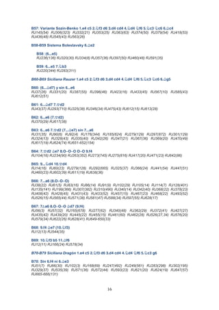 16
B57: Variante Sozin-Benko 2/f5!d6!3/Dg4!e7!4/e5!de5!5/De5!Dg7!6/Dd4!Dd7!7/Bd5
RJ145(54) RJ306(323) RJ332(21) RJ353(25) RJ363(63) RJ374(50) RJ379(54) RJ418(53)
RJ436(48) RJ545(43) RJ563(26)
B58-B59 Sistema Boleslavsky 7/Bf3
B58: (7///f6)
RJ236(136) RJ320(30) RJ334(8) RJ357(36) RJ397(50) RJ460(48) RJ591(35)
B59: 7///f6!8/Dc4
RJ220(344) RJ283(311)
B60-B69 Siciliana Rauzer 2/f5!d6!3/Dg4!e7!4/e5!de5!5/De5!Dg7!6/Dd4!Dd7!7/Bh6
B60: (7///Be8) y sin 7///f7!
RJ37(26) RJ331(20) RJ387(55) RJ396(46) RJ423(16) RJ433(45) RJ567(10) RJ585(43)
RJ612(51)
B61: 7///Be8!8/Ee3
RJ43(37) RJ293(710) RJ325(38) RJ346(34) RJ475(43) RJ612(15) RJ613(28)
B62: 7///f7 (8/Ee3)
RJ370(29) RJ617(38)
B63: 7///f7!8/Ee3 (8///Bf8) sin 8///b7
RJ31(35) RJ90(6) RJ92(4) RJ176(344) RJ185(624) RJ279(129) RJ297(872) RJ301(129)
RJ324(13) RJ328(43) RJ335(40) RJ342(26) RJ347(21) RJ367(36) RJ369(20) RJ470(49)
RJ617(19) RJ624(74) RJ651-652(154)
B64: 8/Ee3!Bf8!9/P.P.P!P.P!:/g5
RJ104(16) RJ234(90) RJ263(352) RJ273(745) RJ275(816) RJ417(20) RJ471(23) RJ642(86)
B65: :///De5!21/Ee5!
RJ14(16) RJ60(23) RJ279(128) RJ292(665) RJ325(37) RJ366(24) RJ441(54) RJ447(51)
RJ460(23) RJ602(39) RJ611(19) RJ638(36)
B66: 8///b7!)9/P.P.P*
RJ38(22) RJ61(5) RJ83(16) RJ86(14) RJ91(9) RJ102(29) RJ105(14) RJ114(7) RJ128(401)
RJ135(141) RJ199(366) RJ307(382) RJ310(490) RJ340(14) RJ342(40) RJ368(22) RJ378(23)
RJ408(42) RJ428(45) RJ431(43) RJ433(52) RJ457(15) RJ467(23) RJ468(22) RJ493(52)
RJ526(15) RJ565(44) RJ571(38) RJ581(47) RJ588(34) RJ597(55) RJ628(17)
B67: 8áb7!9/P.P.P!Be8!(:/g5)
RJ56(3) RJ57(32) RJ165(678) RJ277(62) RJ340(48) RJ362(29) RJ372(41) RJ427(27)
RJ435(42) RJ439(20) RJ445(22) RJ455(15) RJ461(60) RJ462(28) RJ526(27,34) RJ576(20)
RJ579(34) RJ622(26) RJ628(41) RJ649-650(33)
B68: :/g5!Bf8 (21/Dg4)
RJ12(13) RJ544(35)
B69: 21/Dg4!c6!22/Bg7
RJ12(11) RJ166(24) RJ578(34)
B70-B79 Siciliana Dragón 2/f5!d6!3/Dg4!e7!4/e5!de5!5/De5!Dg7!6/Dd4!h7
B70: Sin 7/g5 ni 7/Bf4!
RJ51(7) RJ66(30) RJ102(3) RJ168(69) RJ247(492) RJ249(561) RJ283(298) RJ302(195)
RJ329(37) RJ535(39) RJ571(36) RJ572(44) RJ593(23) RJ621(20) RJ624(19) RJ647(57)
RJ665-666(131)
 