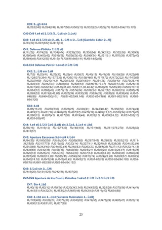 23
C39: 4///h6!5/i5
RJ263(343) RJ294(746) RJ387(50) RJ503(13) RJ532(22) RJ622(77) RJ653-654(175,176)
C40-C49 2/f5!f6!3/Dg4 (3///Dd7 sin 4/Bd5)
C40: 2/f5!f6!3/Dg4 sin 3///e7-!3///Dg7 ni 3///Dd7 [Gambito Letón 3///g6]
RJ33(29) RJ291(632) RJ415(19)
C41: Defensa Philidor 3/Dg4!e7
RJ11(28) RJ74(28) RJ134(104) RJ239(230) RJ336(54) RJ342(12) RJ352(36) RJ369(9)
RJ380(46) RJ403(42) RJ515(56) RJ526(26,42) RJ549(24) RJ551(31) RJ570(38) RJ572(40)
RJ584(46) RJ612(55) RJ616(47) RJ645-646(141) RJ651-652(68)
C42-C43 Defensa Petrov 2/f5!f6!3/Dg4!Dg7
C42;!3///Dg7 sin 4/e5
RJ7(5) RJ23(41) RJ25(33) RJ29(4) RJ36(7) RJ40(15) RJ41(36) RJ109(29) RJ122(99)
RJ128(379,394) RJ137(239) RJ139(315) RJ158(460) RJ171(172) RJ172(222) RJ174(285)
RJ202(469) RJ213(113) RJ220(339) RJ251(634) RJ354(25) RJ359(40) RJ379(25,41)
RJ395(44) RJ462(24) RJ486(50) RJ498(18) RJ516(15,19,47) RJ520(14,26) RJ521(18)
RJ531(49) RJ532(44) RJ543(35,40) RJ551(7,38,40,42) RJ552(25) RJ555(46) RJ563(10,13)
RJ564(12) RJ566(40) RJ573(15) RJ574(24) RJ576(24) RJ591(12) RJ592(19) RJ595(41)
RJ599(53) RJ619(9,46,86) RJ625(39) RJ633(38) RJ634(29) RJ636(9) RJ638(49) RJ645-
646(89) RJ649-650(101) RJ651-652(49,149) RJ653-654(169) RJ661-662(161) RJ663-
664(120)
C43: 4/e5
RJ86(16,23) RJ260(236) RJ328(25) RJ338(41) RJ344(46,47) RJ350(50) RJ374(44)
RJ419(21) RJ431(16) RJ462(26) RJ467(27) RJ476(18) RJ499(13,17) RJ550(34) RJ571(45)
RJ580(15) RJ607(41) RJ617(30) RJ619(44) RJ633(11) RJ639(24,52) RJ651-652(10)
RJ655-656(47)
C44: 2/f5!f6!3/Dg4!Dd7 (4/e5) sin 4/Dd4-!4/Bd5 ni Bc6
RJ55(16) RJ118(12) RJ122(132) RJ148(154) RJ171(168) RJ261(278,279) RJ328(52)
RJ413(57)
C45: Apertura Escocesa 4/e5!de5!5/De5!
RJ94(35) RJ160(530) RJ181(504) RJ269(585) RJ297(845) RJ298(5) RJ303(213) RJ311-
312(553) RJ317(778) RJ319(52) RJ323(14) RJ327(11) RJ329(15) RJ338(38) RJ341(53,54)
RJ342(56) RJ343(45) RJ344(53,54) RJ345(53) RJ363(27) RJ364(35) RJ371(13) RJ423(14,18)
RJ438(65) RJ442(48) RJ498(48) RJ500(58) RJ504(21) RJ505(25) RJ513(28,41) RJ515(31)
RJ520(13) RJ525(27) RJ527(23) RJ534(20) RJ537(13) RJ548(18,20) RJ559(36) RJ560(34)
RJ581(49) RJ582(15,20) RJ585(45) RJ590(24) RJ613(14) RJ624(23,28) RJ628(57) RJ638(9)
RJ640(14,18) RJ641(34) RJ642(40,45) RJ643(21) RJ651-652(8) RJ653-654(84,105) RJ659-
660(19) RJ661-662(99) RJ663-664(64,152)
C46: 4/Dd4 sin 4///Dg7!
RJ116(20) RJ131(525) RJ212(86) RJ407(20)
C47-C49 Apertura de los Cuatro Caballos 2/f5!f6!3/Dg4!Dd7!4/Dd4!Dg7
C47: Sin 5/Bc6
RJ43(18) RJ62(12) RJ78(26) RJ220(343,345) RJ249(552) RJ325(29) RJ375(56) RJ414(41)
RJ415(51) RJ422(21) RJ453(22) RJ487(48) RJ542(15) RJ617(40) RJ634(89)
C48: 5/Bc6 sin 5///Bc5 [Variante Rubinstein 5///De5]
RJ178(406) RJ326(21) RJ371(37) RJ343(62) RJ419(55) RJ476(24) RJ485(47) RJ523(19)
RJ600(13) RJ631(61) RJ637(79)
 