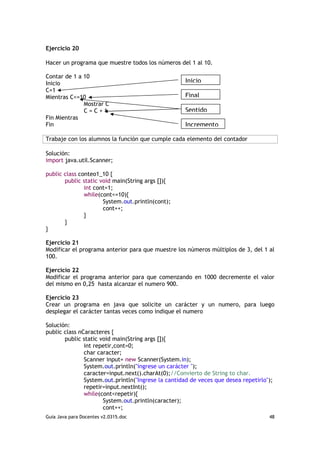 Ejercicio 20

Hacer un programa que muestre todos los números del 1 al 10.

Contar de 1 a 10
Inicio                                              Inicio
C=1
Mientras C<=10                                      Final
              Mostrar C
              C=C+1                                 Sentido
Fin Mientras
Fin                                                 Incremento

Trabaje con los alumnos la función que cumple cada elemento del contador

Solución:
import java.util.Scanner;

public class conteo1_10 {
       public static void main(String args []){
               int cont=1;
               while(cont<=10){
                      System.out.println(cont);
                      cont++;
               }
       }
}

Ejercicio 21
Modificar el programa anterior para que muestre los números múltiplos de 3, del 1 al
100.

Ejercicio 22
Modificar el programa anterior para que comenzando en 1000 decremente el valor
del mismo en 0,25 hasta alcanzar el numero 900.

Ejercicio 23
Crear un programa en java que solicite un carácter y un numero, para luego
desplegar el carácter tantas veces como indique el numero

Solución:
public class nCaracteres {
       public static void main(String args []){
               int repetir,cont=0;
               char caracter;
               Scanner input= new Scanner(System.in);
               System.out.println("ingrese un carácter ");
               caracter=input.next().charAt(0);//Convierto de String to char.
               System.out.println("Ingrese la cantidad de veces que desea repetirlo");
               repetir=input.nextInt();
               while(cont<repetir){
                      System.out.println(caracter);
                      cont++;
Guia Java para Docentes v2.0315.doc                                                 48
 