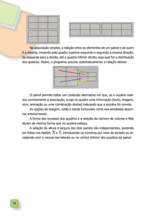58
Na associação simples, a relação entre os elementos de um painel e de outro
é a mesma, iniciando pelo quadro superior esquerdo e seguindo a mesma direção,
da esquerda para a direita, até o quadro inferior direito, seja qual for a distribuição
dos quadros. Assim, o programa assume automaticamente a relação abaixo:
O painel permite editar um conteúdo alternativo em que, se o usuário reali-
zou corretamente a associação, surge no quadro uma informação (texto, imagem,
som, animação ou uma combinação destas) indicando que a escolha foi correta.
As opções de imagem, estilo e borda funcionam como nas atividades descri-
tas anteriormente.
A forma dos encaixes dos quadros e a seleção do número de colunas e filas
atuam da mesma forma que no quebra-cabeça.
A seleção da altura e largura dos dois painéis são independentes, podendo
ser feitas nos botões e , introduzindo os números por meio do teclado ou ar-
rastando com o mouse nas laterais ou no vértice inferior dos quadros do painel.
 